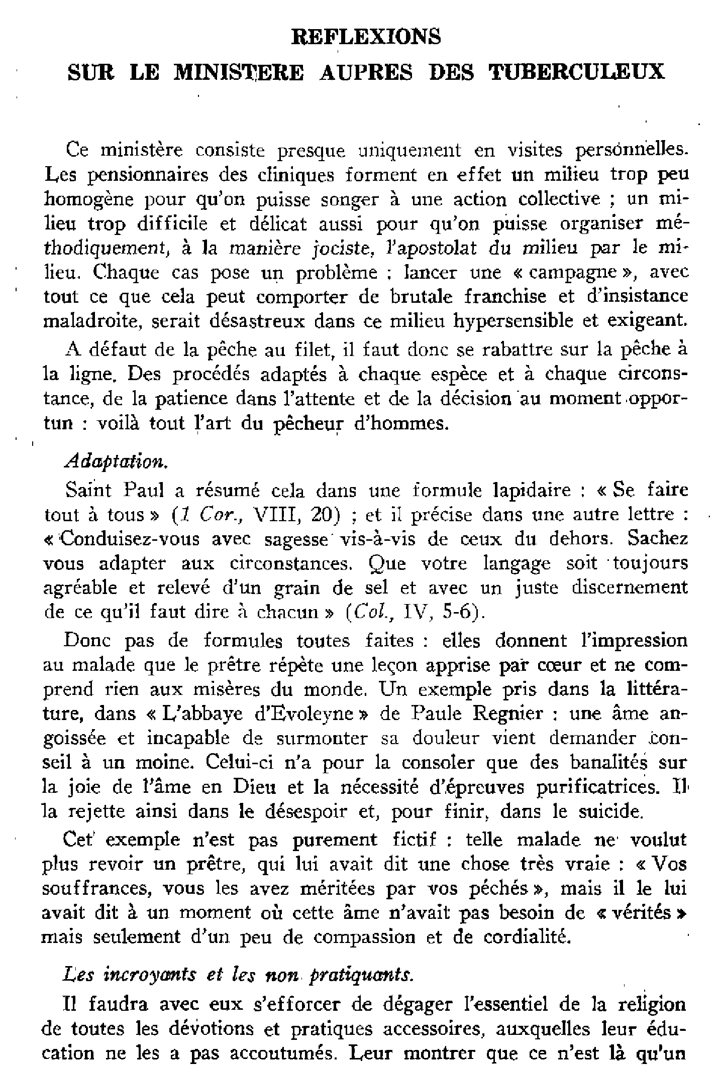 Réflexions sur le ministère auprès des tuberculeux