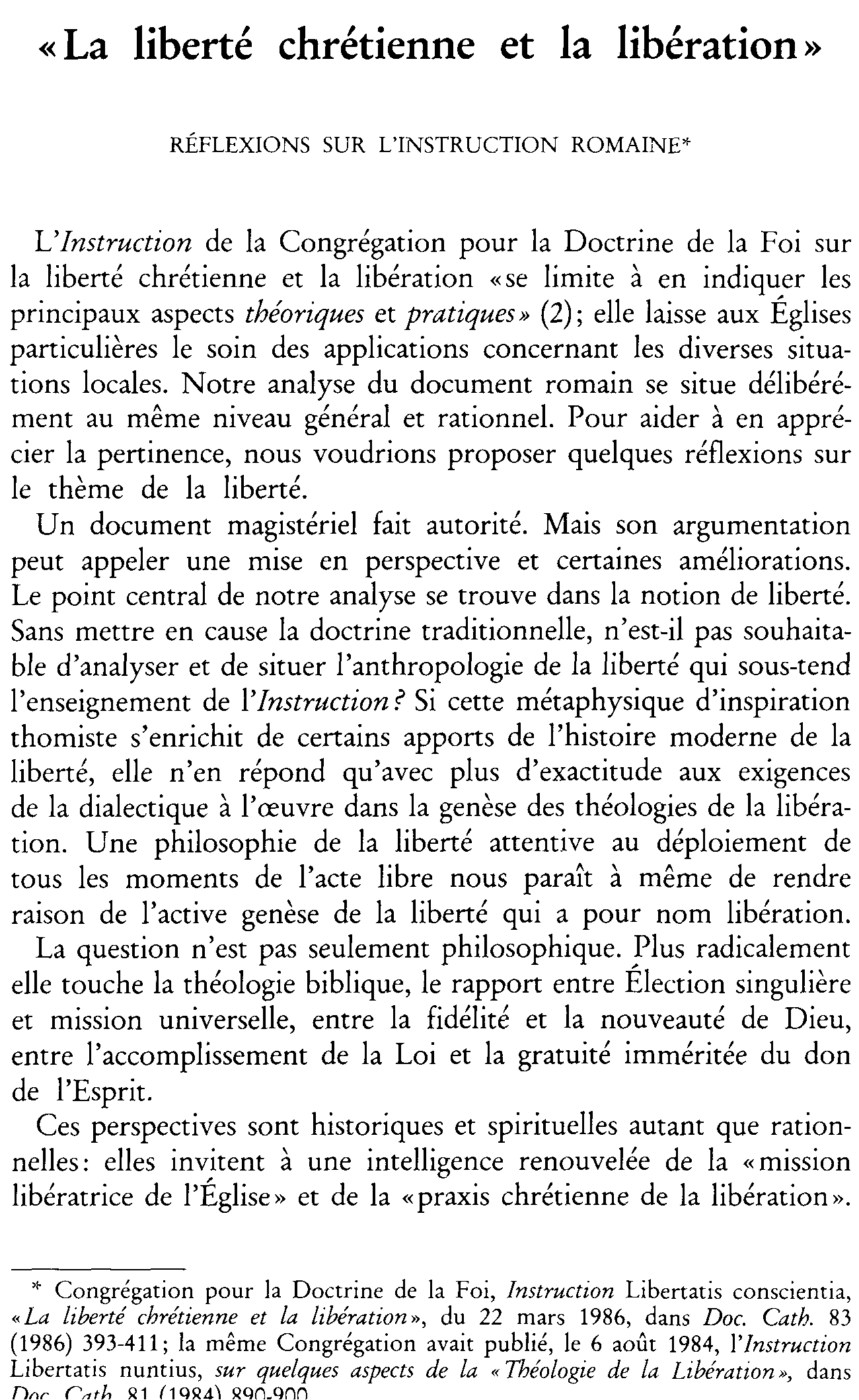 «La liberté chrétienne et la libération». Réflexions sur l'Instruction romaine