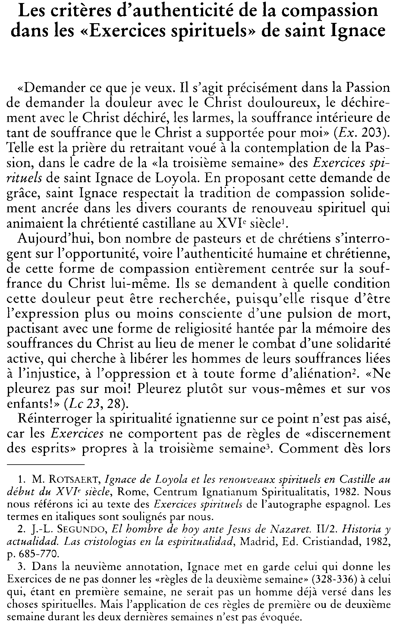 Les critères d'authenticité de la compassion dans les « Exercices spirituels » de saint Ignace