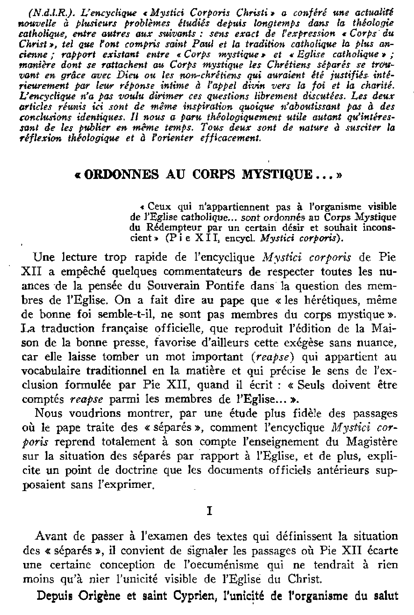 « Ordonnés au corps mystique… »