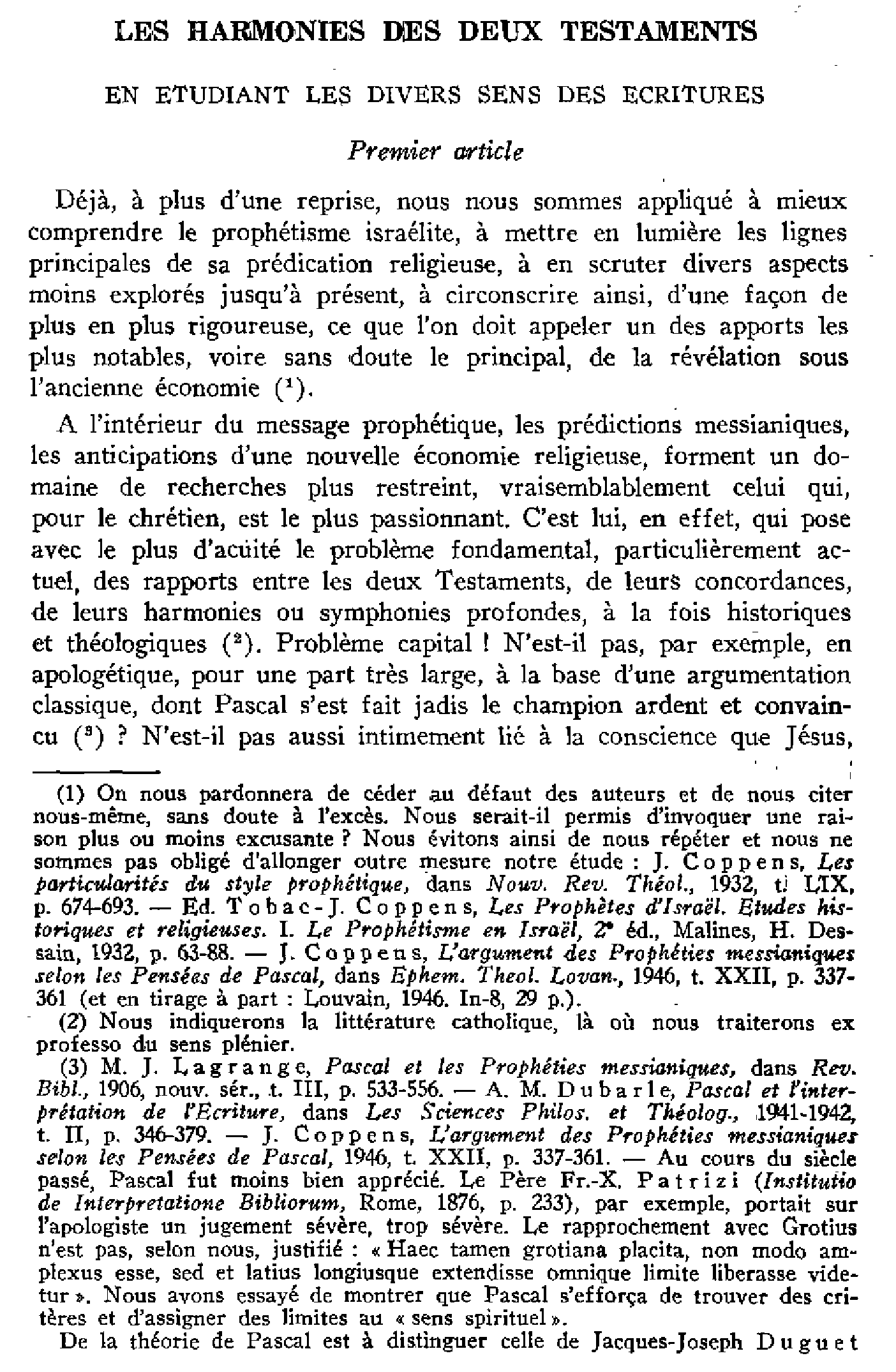 Les harmonies des deux testaments. En étudiant les divers sens de l'Écriture. Premier article