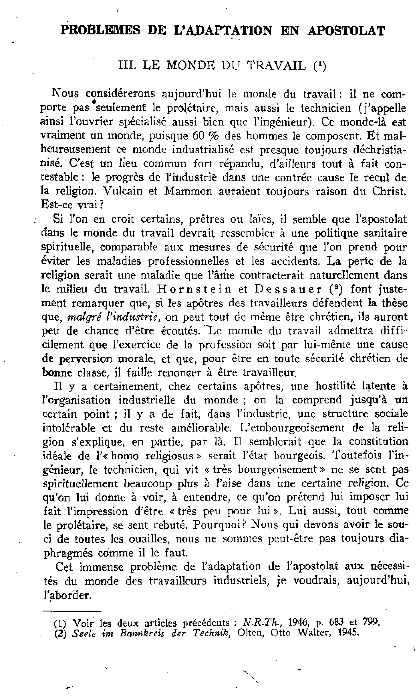 Problèmes de l'adaptation en apostolat