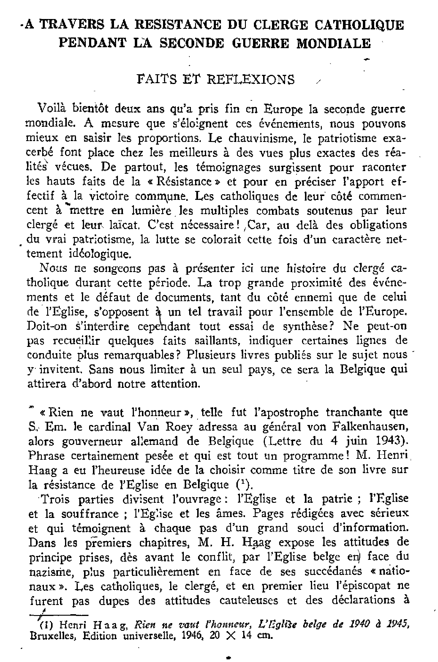 À travers la résistance du clergé catholique pendant la seconde guerre mondiale
