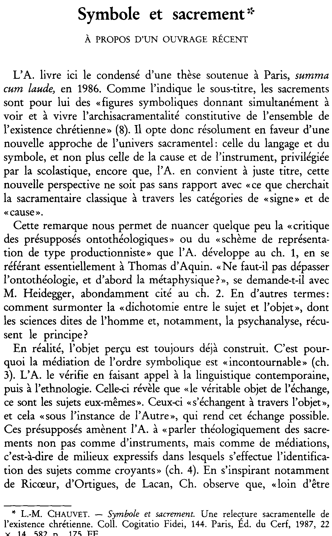 Symbole et sacrement. À propos d'un ouvrage récent