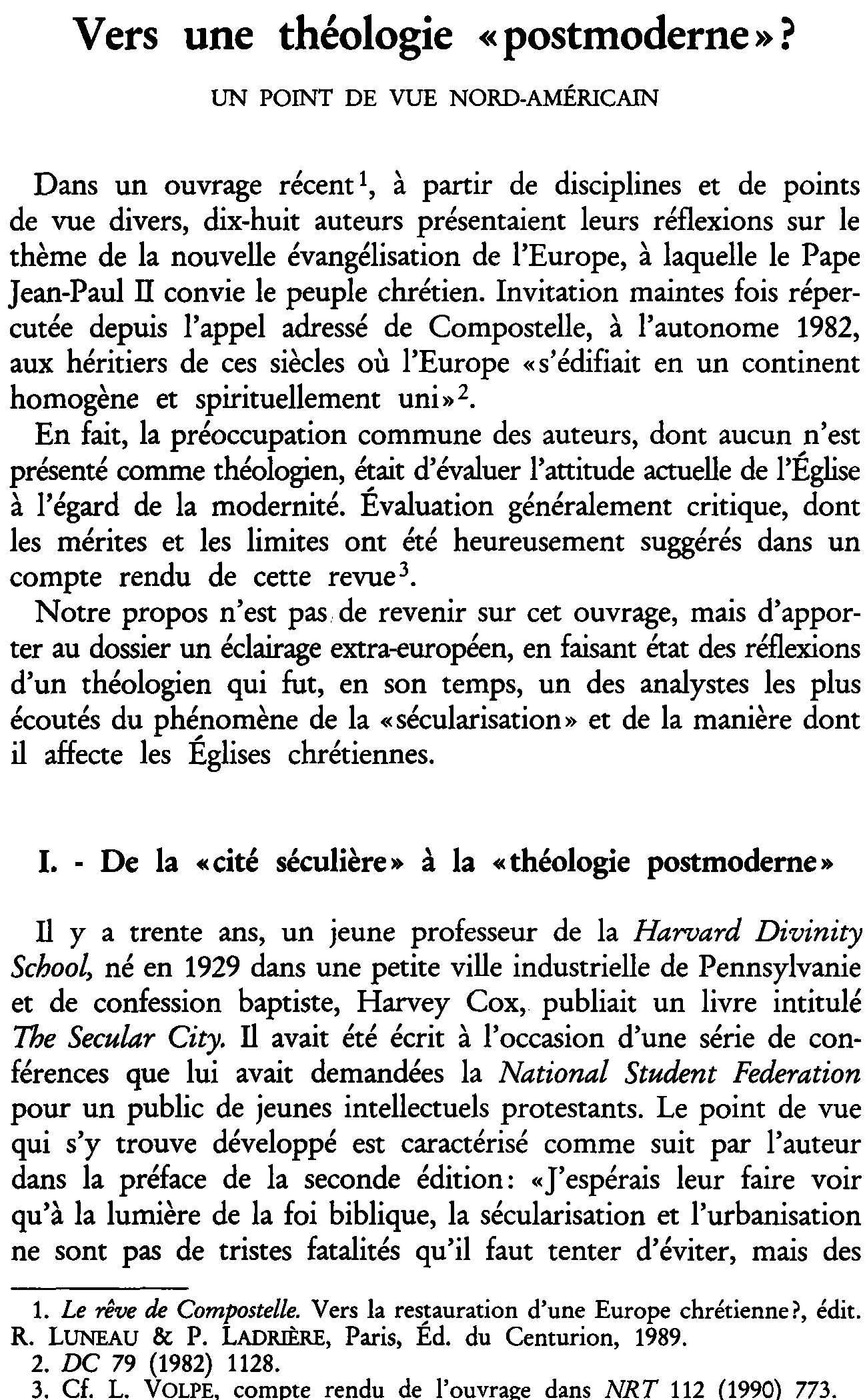 Vers une théologie «postmoderne»? Un point de vue nord-américain