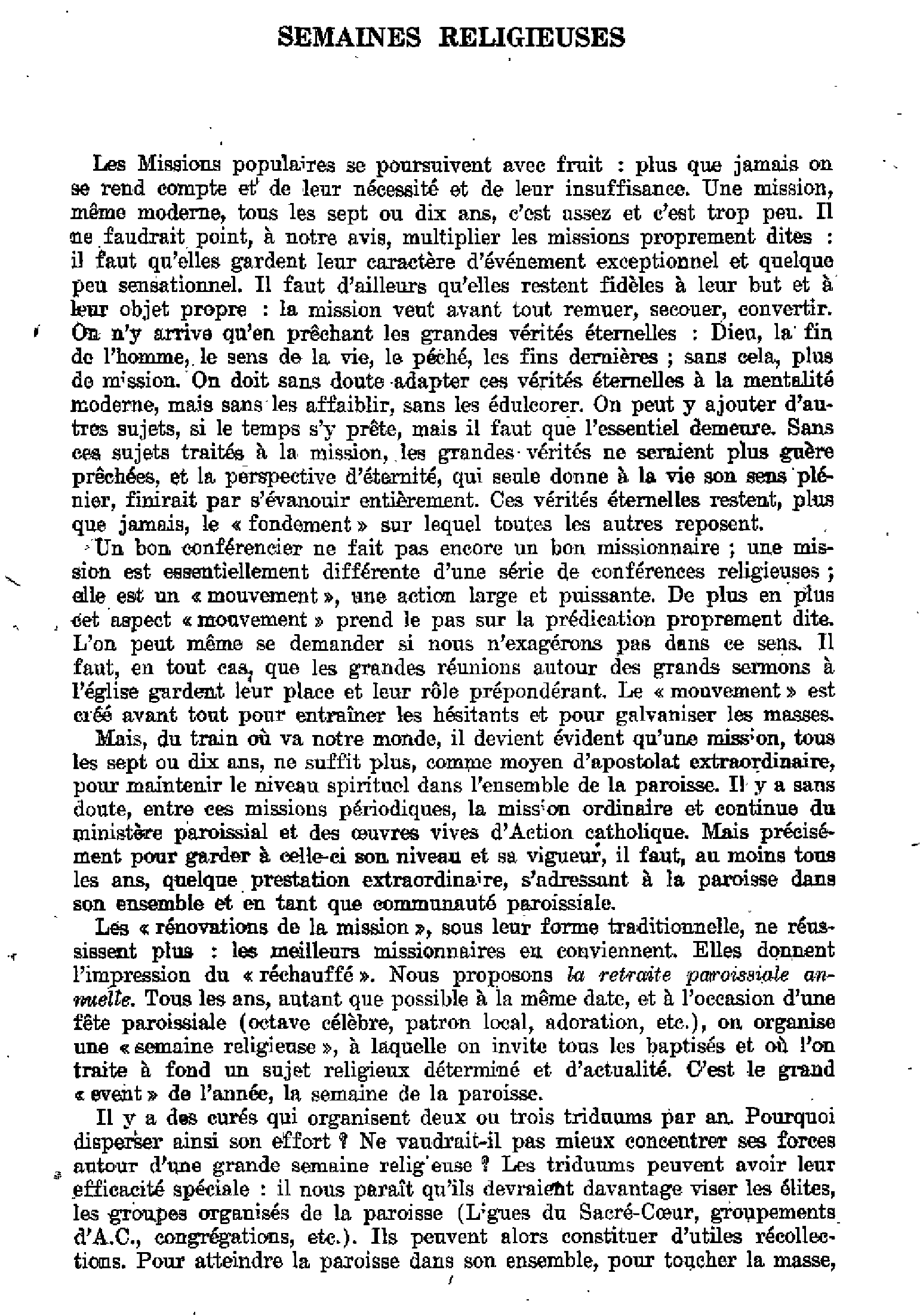 Semaines religieuses. Note pastorale.