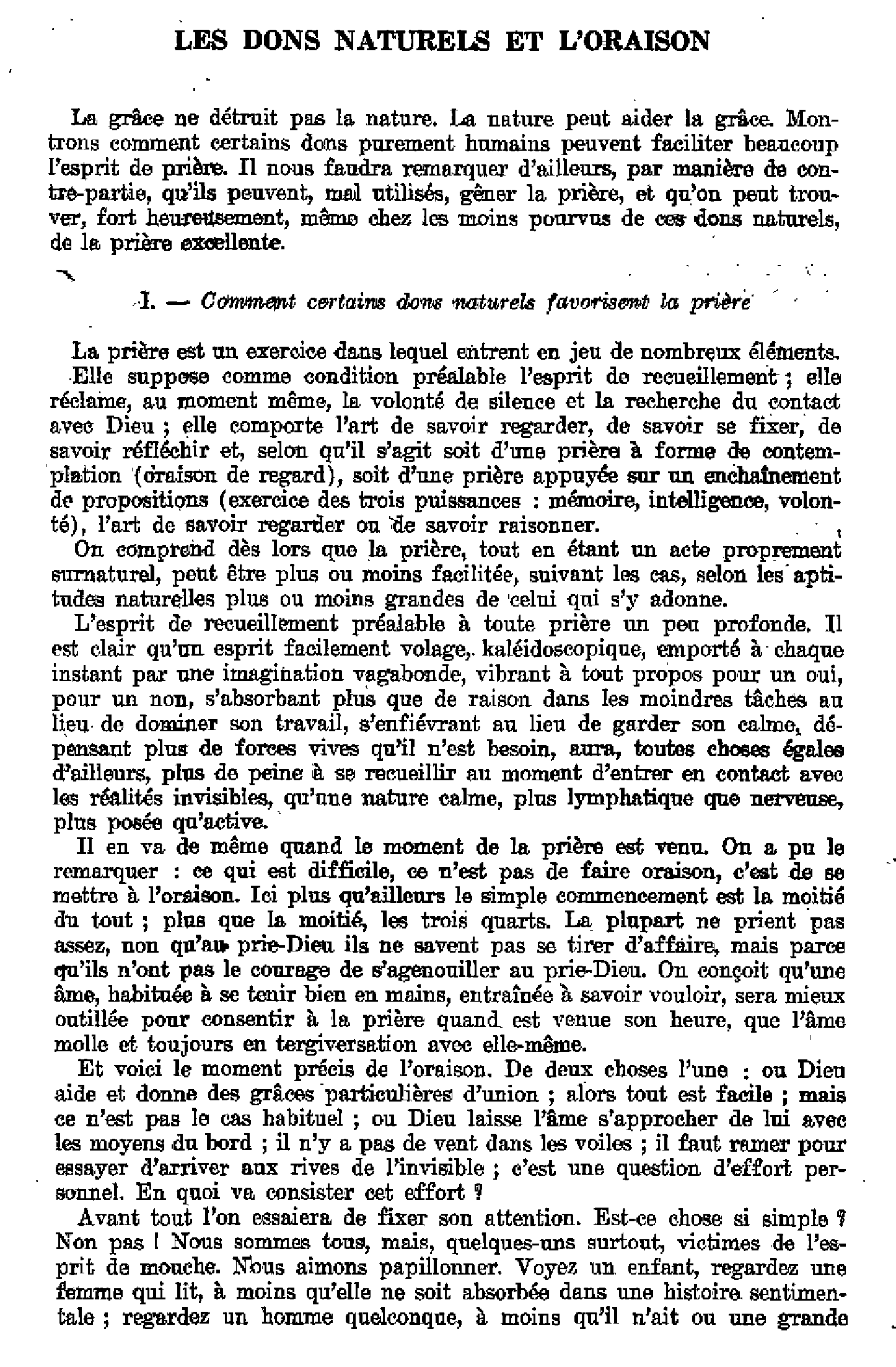 Les dons naturels et l'oraison