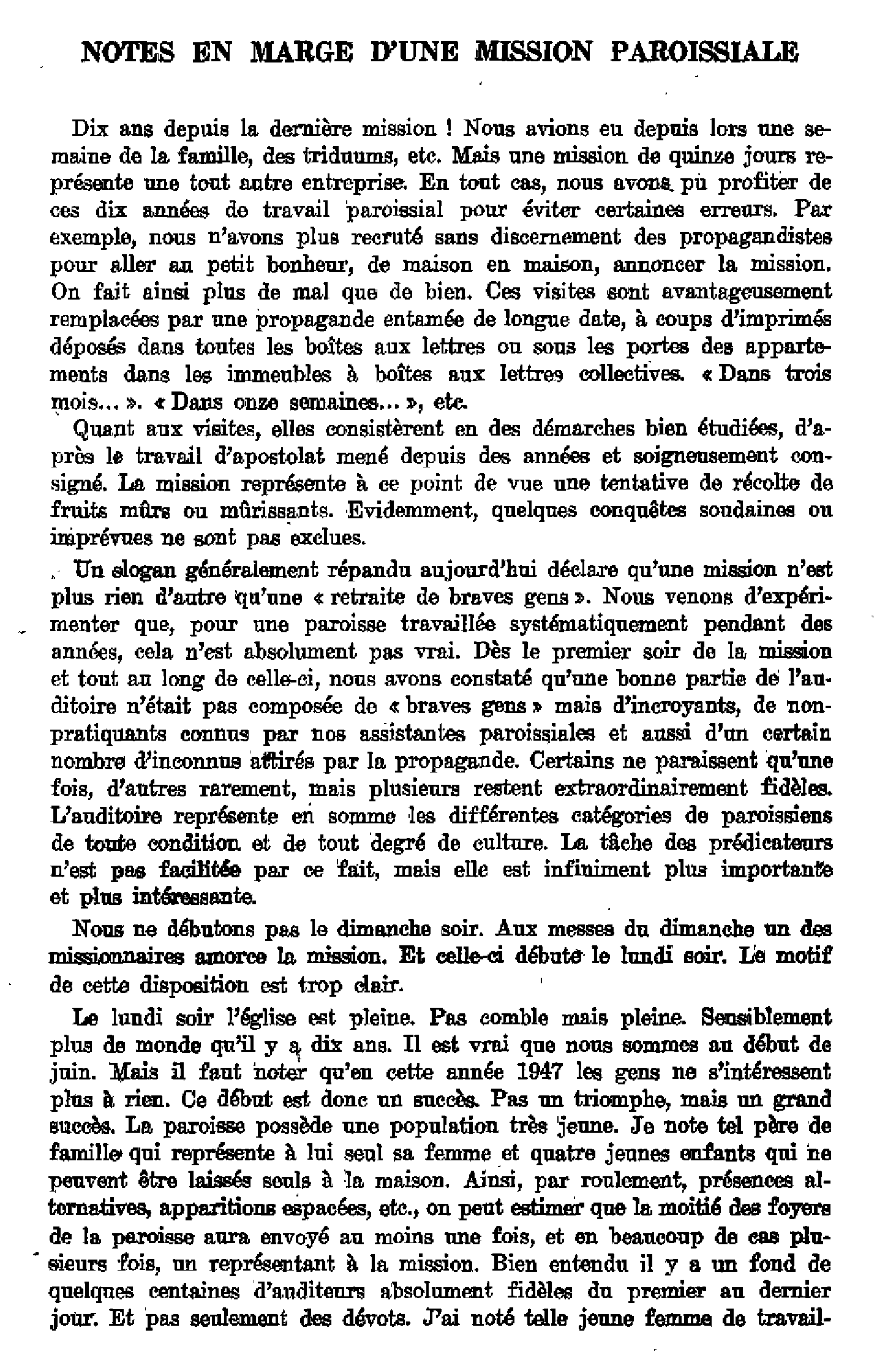 Notes en marge d'une mission paroissiale