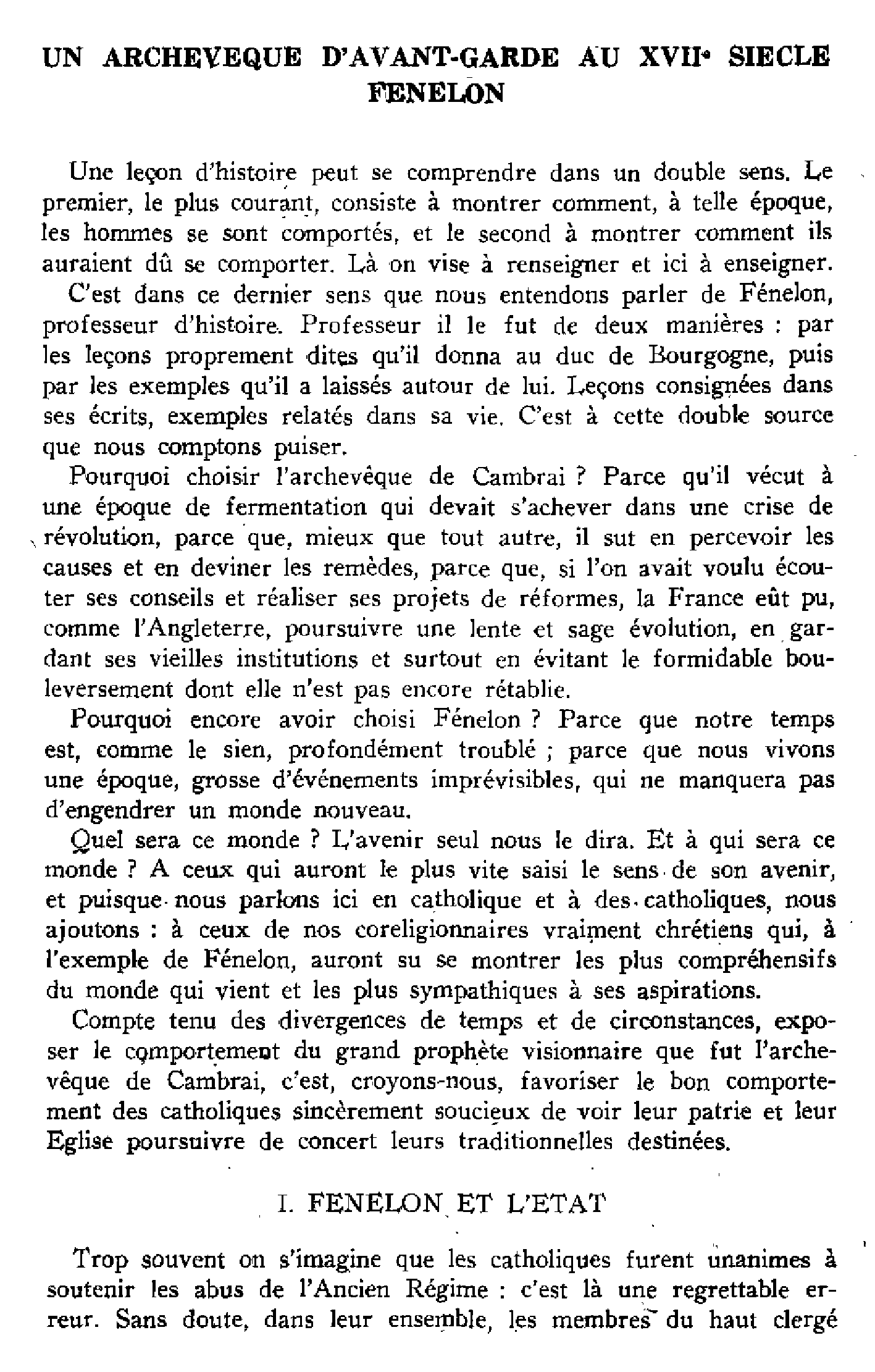 Un archevêque d'avant-garde au XVIIème siècle, Fénelon