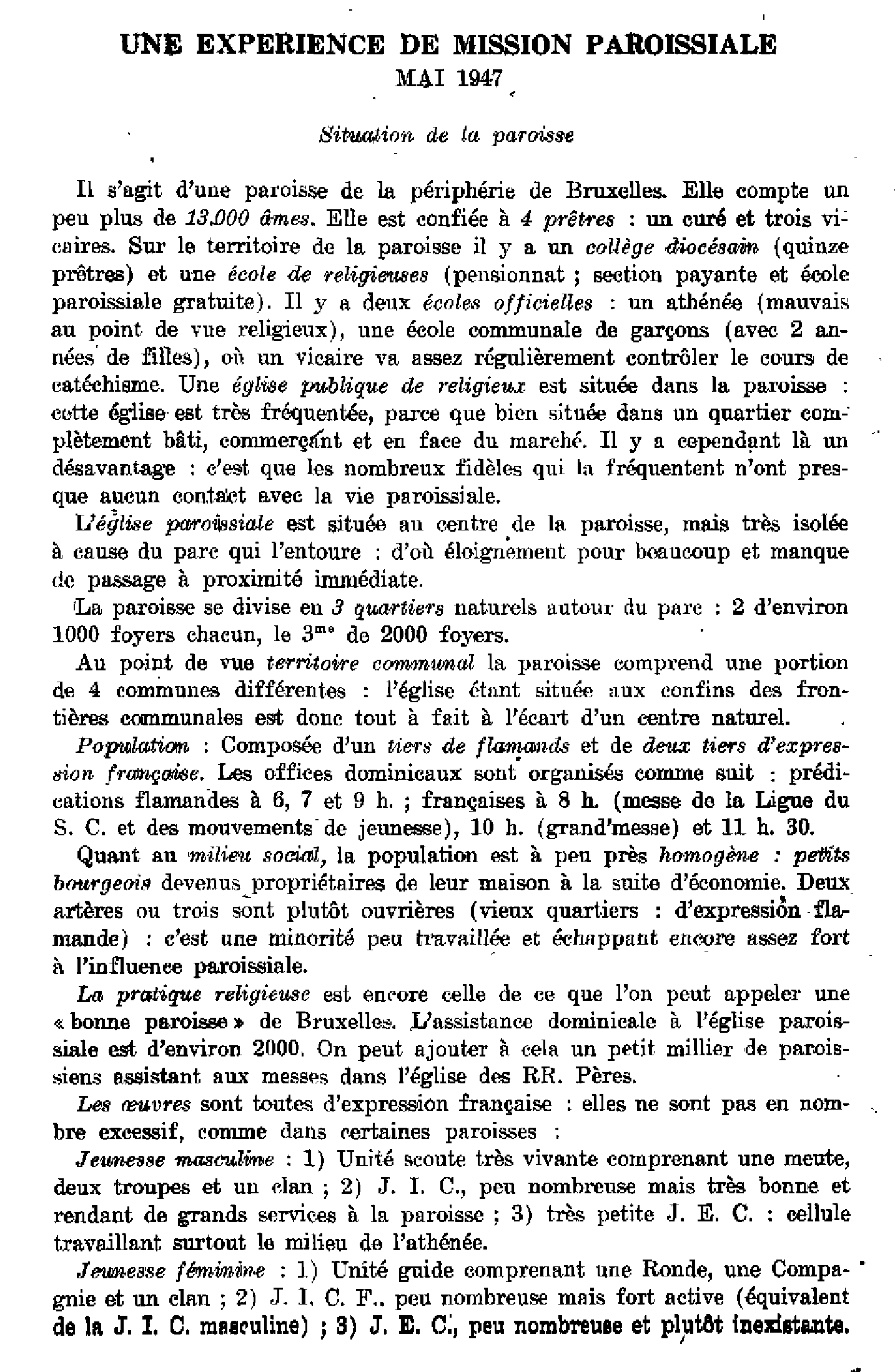 Une expérience de mission paroissiale. Mai 1947. Bruxellensis