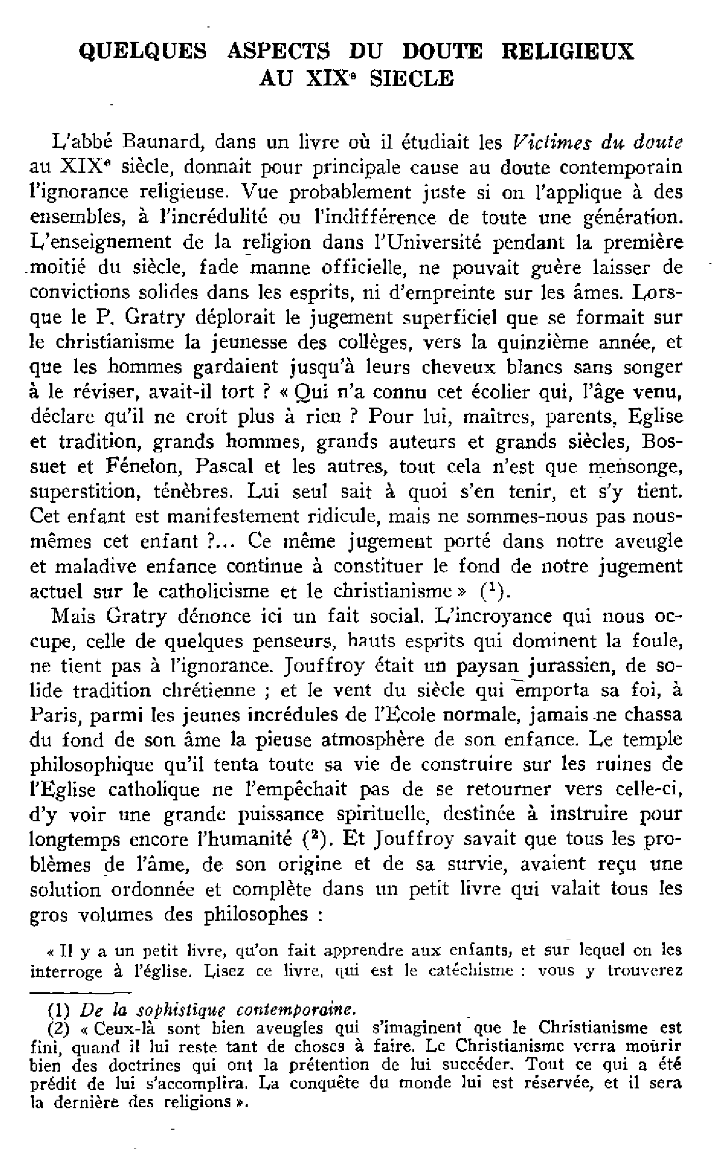 Quelques aspects du doute religieux XIXème siècle