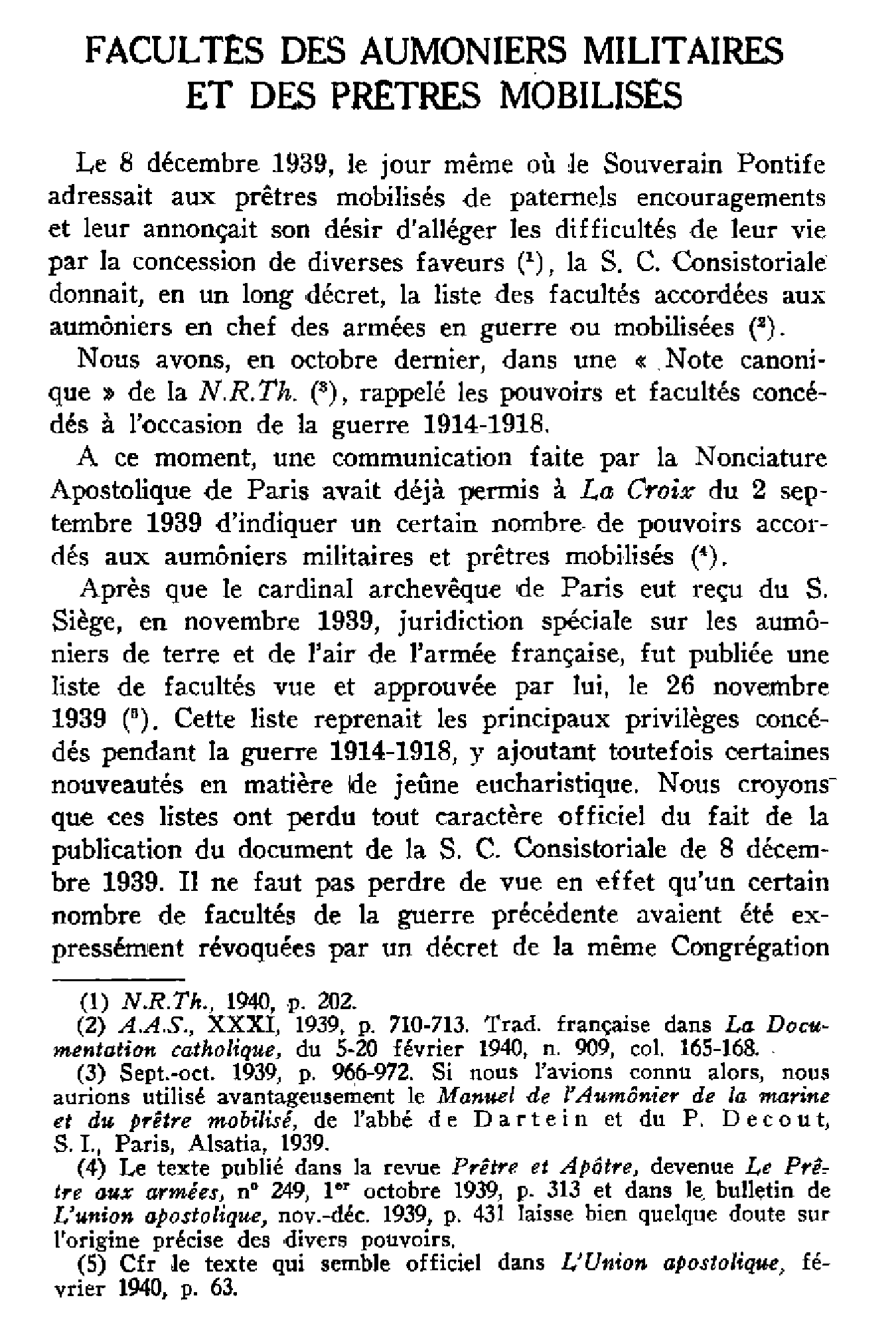 Facultés des aumôniers militaires et des prêtres mobilisés