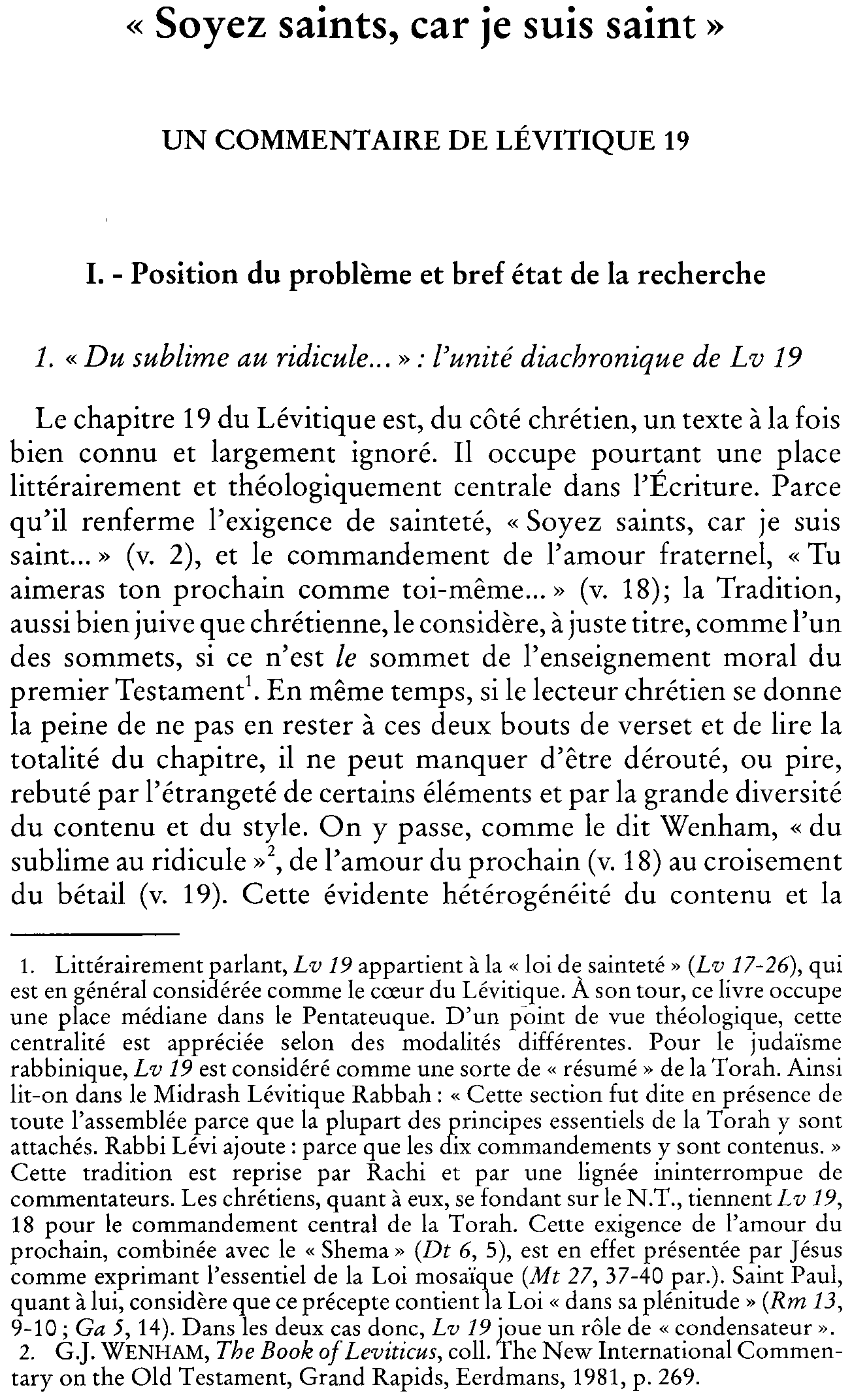 «Soyez saints, car je suis saint.» Un commentaire de Lévitique 19