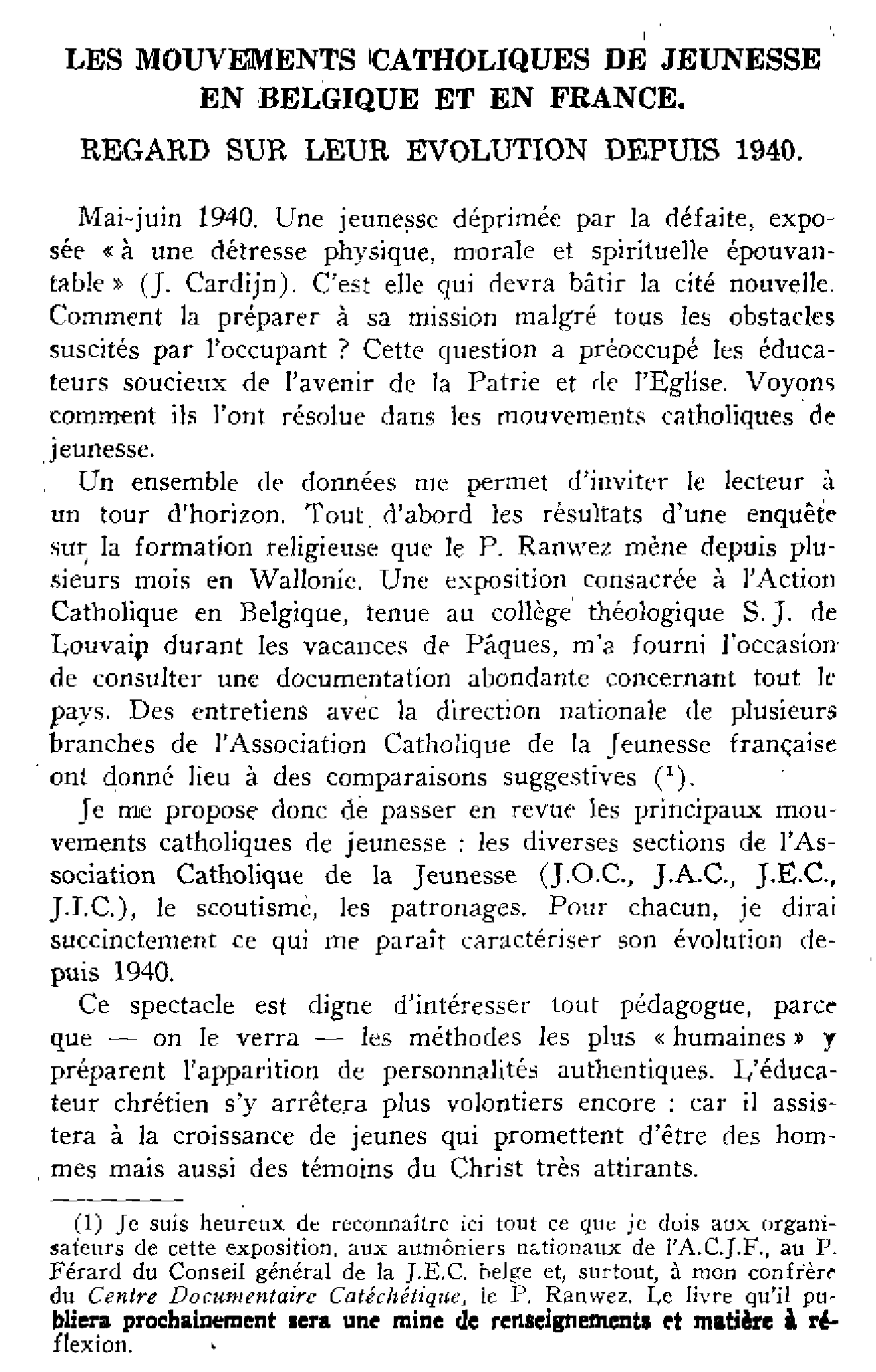 Les mouvements catholiques de jeunesse en Belgique et en France