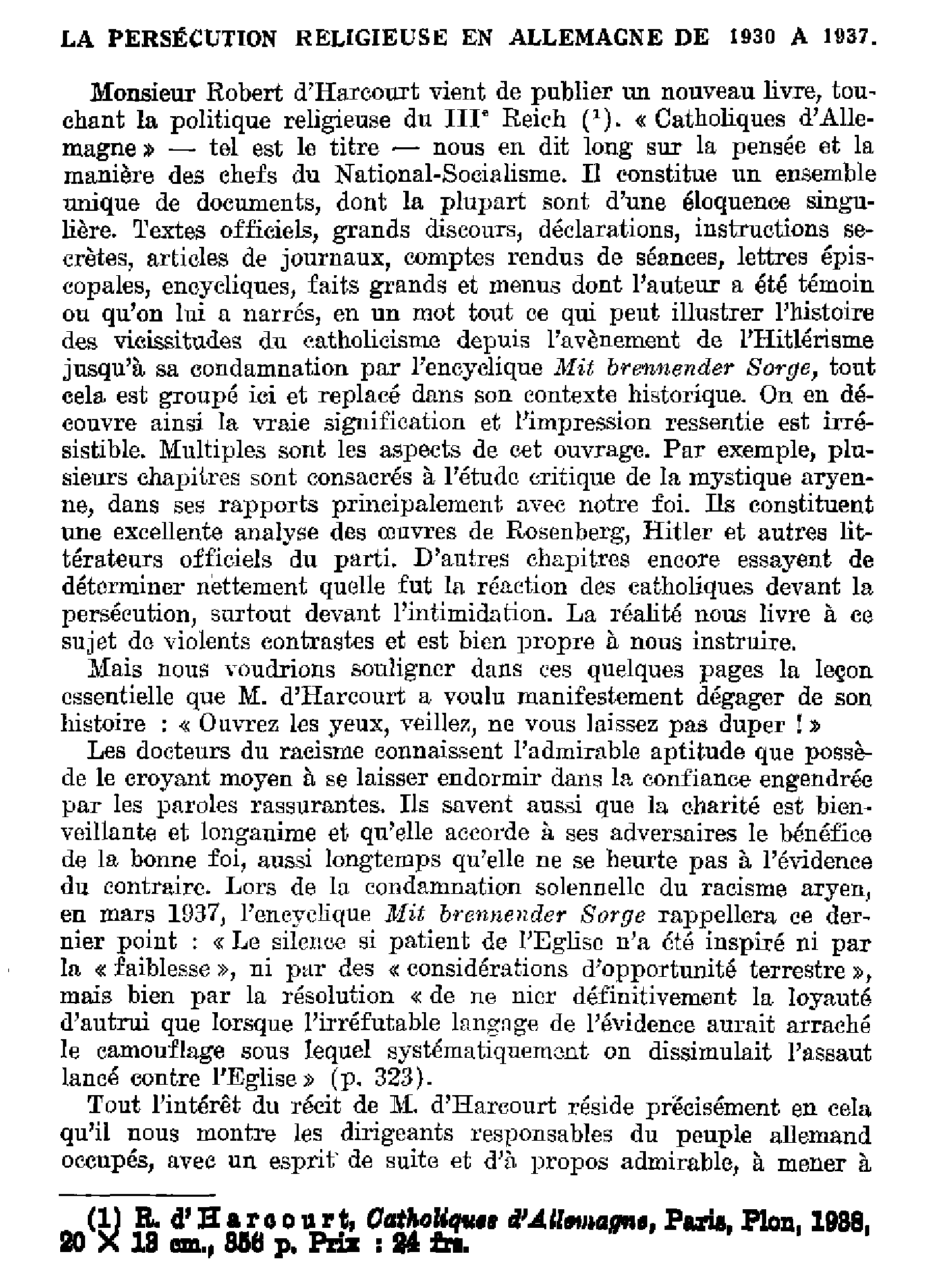 La persécution religieuse en Allemagne de 1930 à 1937