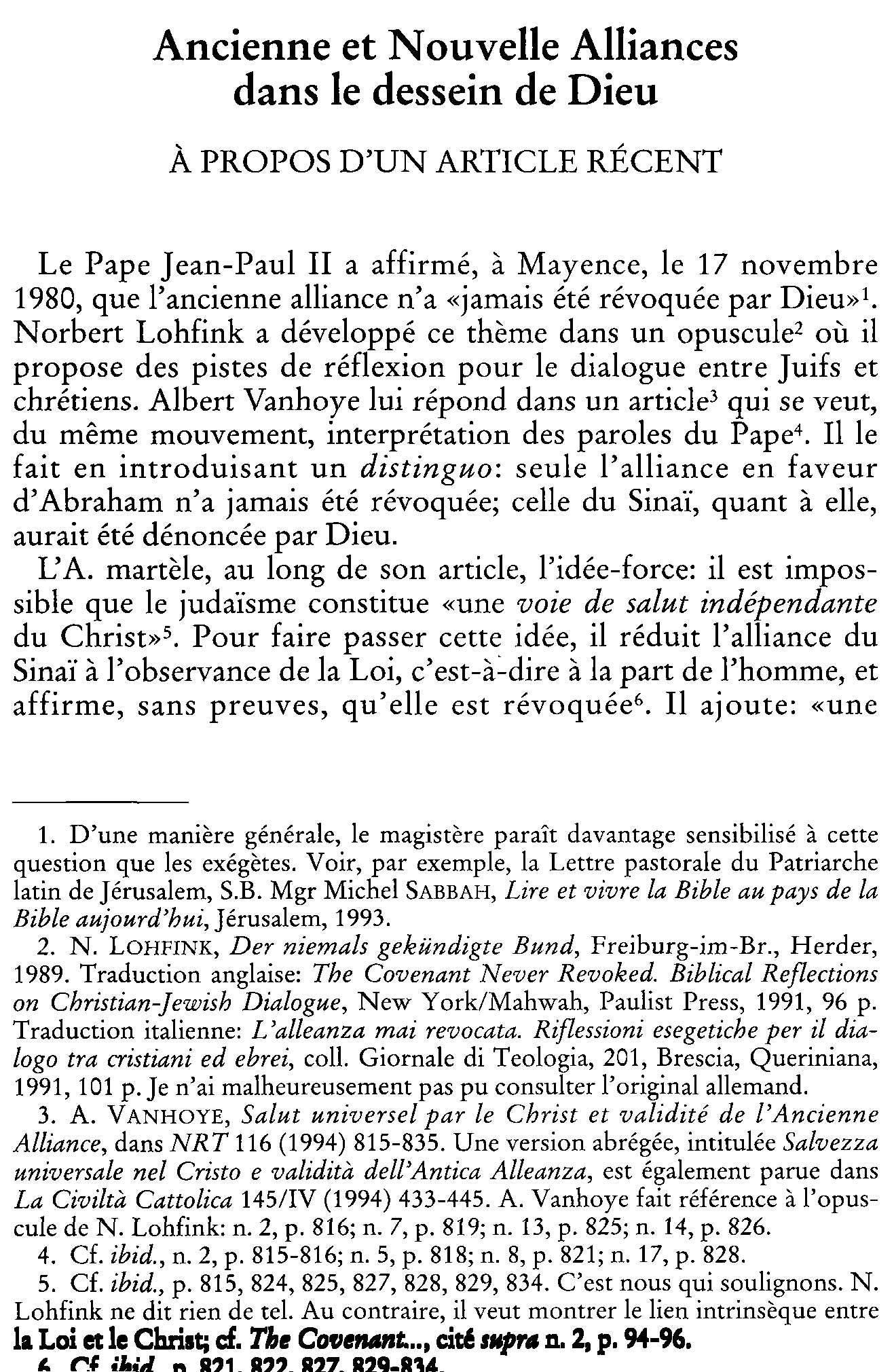 Ancienne et Nouvelle Alliances dans le dessein de Dieu. À propos d'un article récent