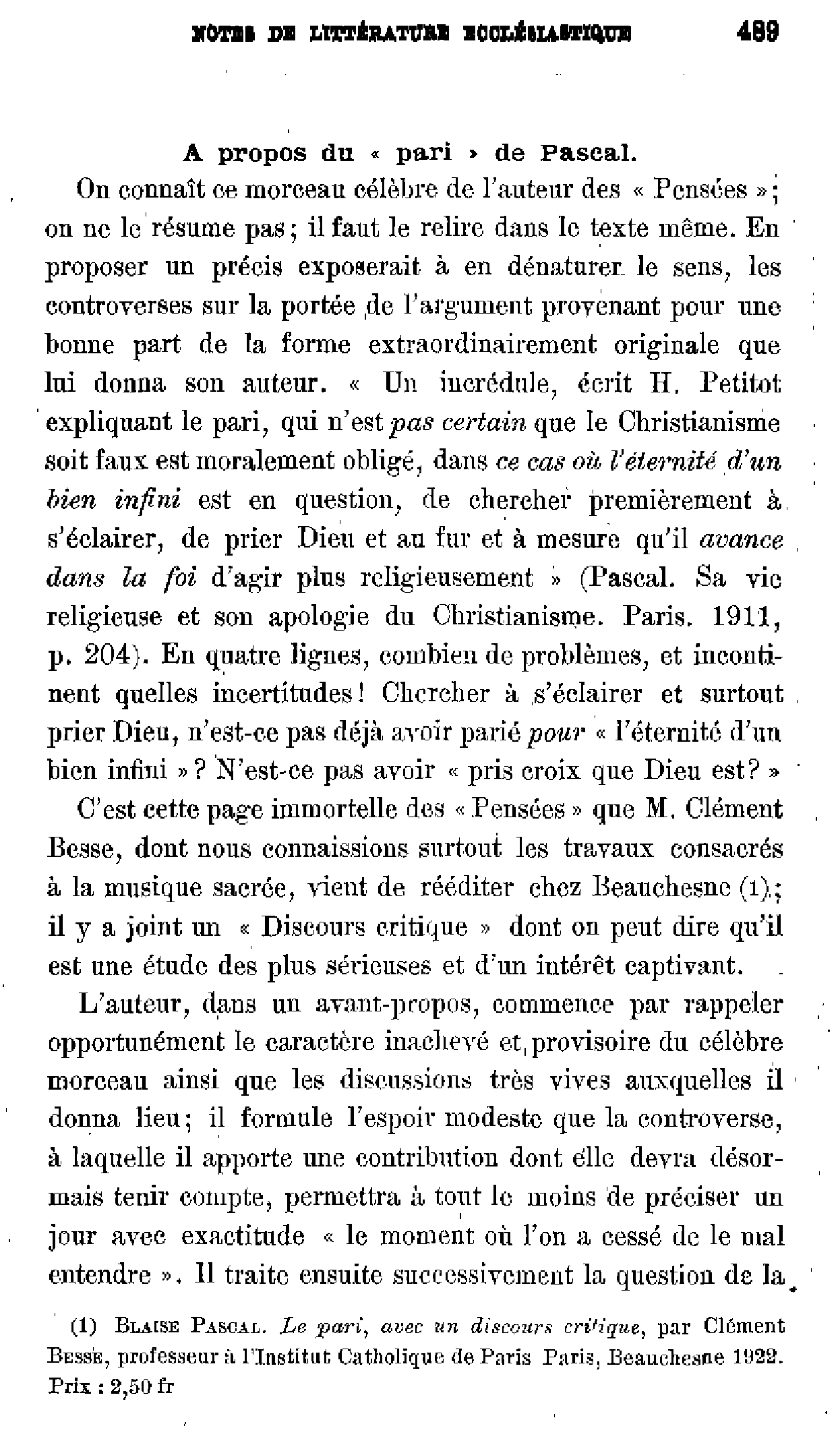 A propos du 'pari' de Pascal