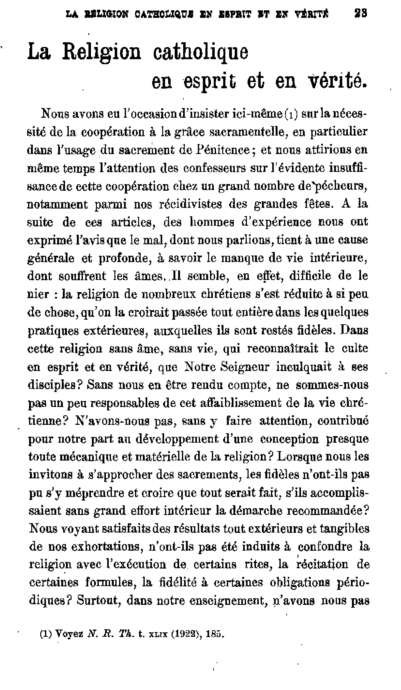 La Religion catholique en esprit et en vérité (1)