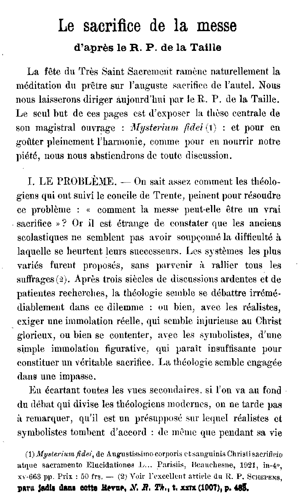 Le sacrifice de la messe d'après le R.P. de la Taille
