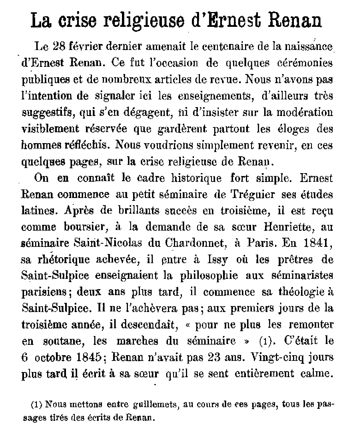 La crise religieuse d'Ernest Renan