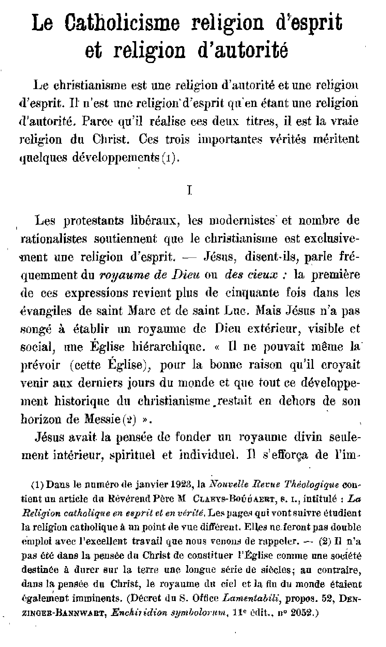 Le Catholicisme religion d'esprit et religion d'autorité