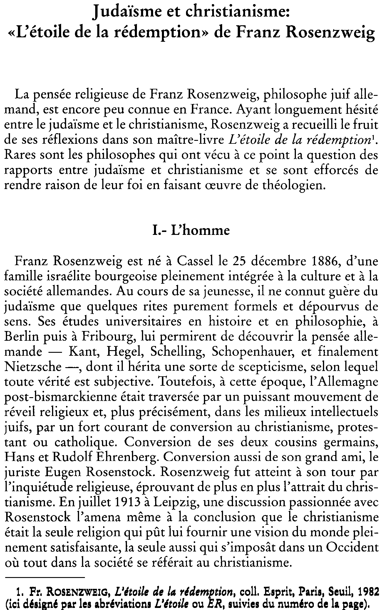 Judaïsme et christianisme. « L'étoile de la rédemption » de Frans Rosenzweig