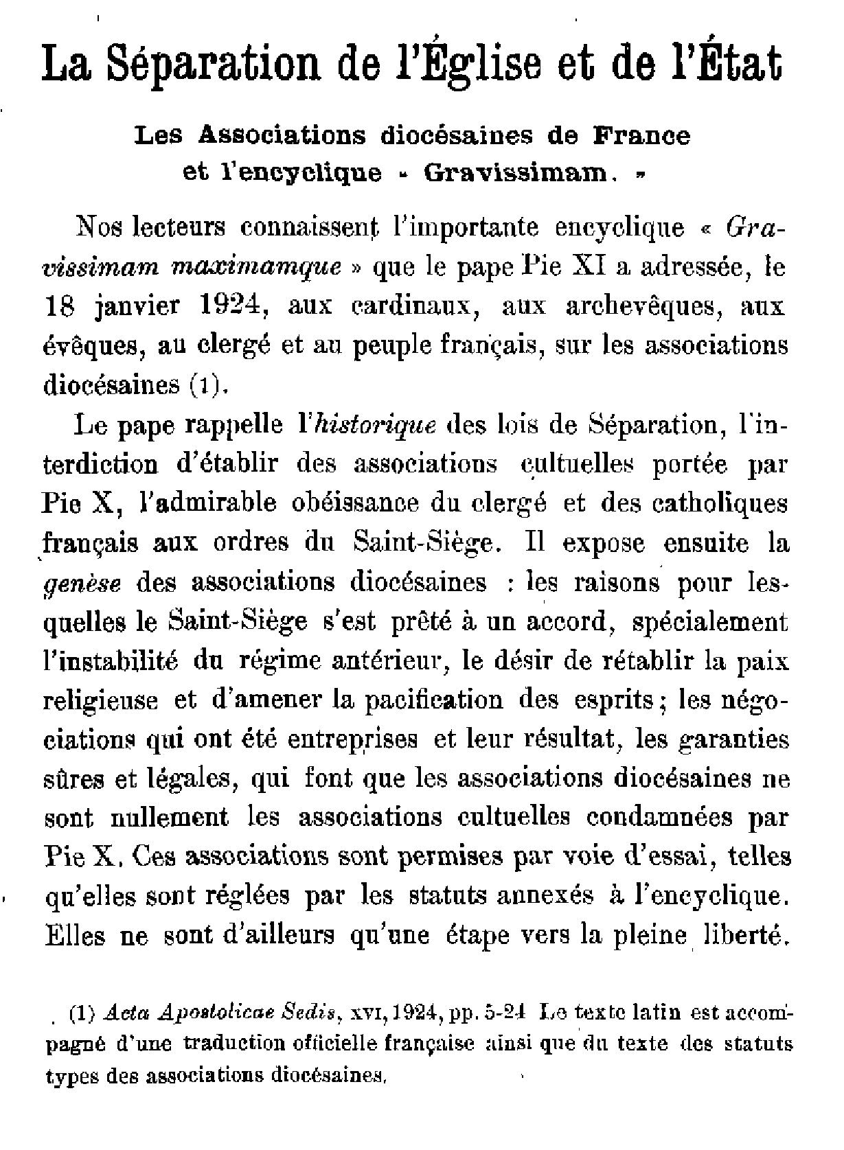 La Séparation de l'Eglise et de l'Etat (1)