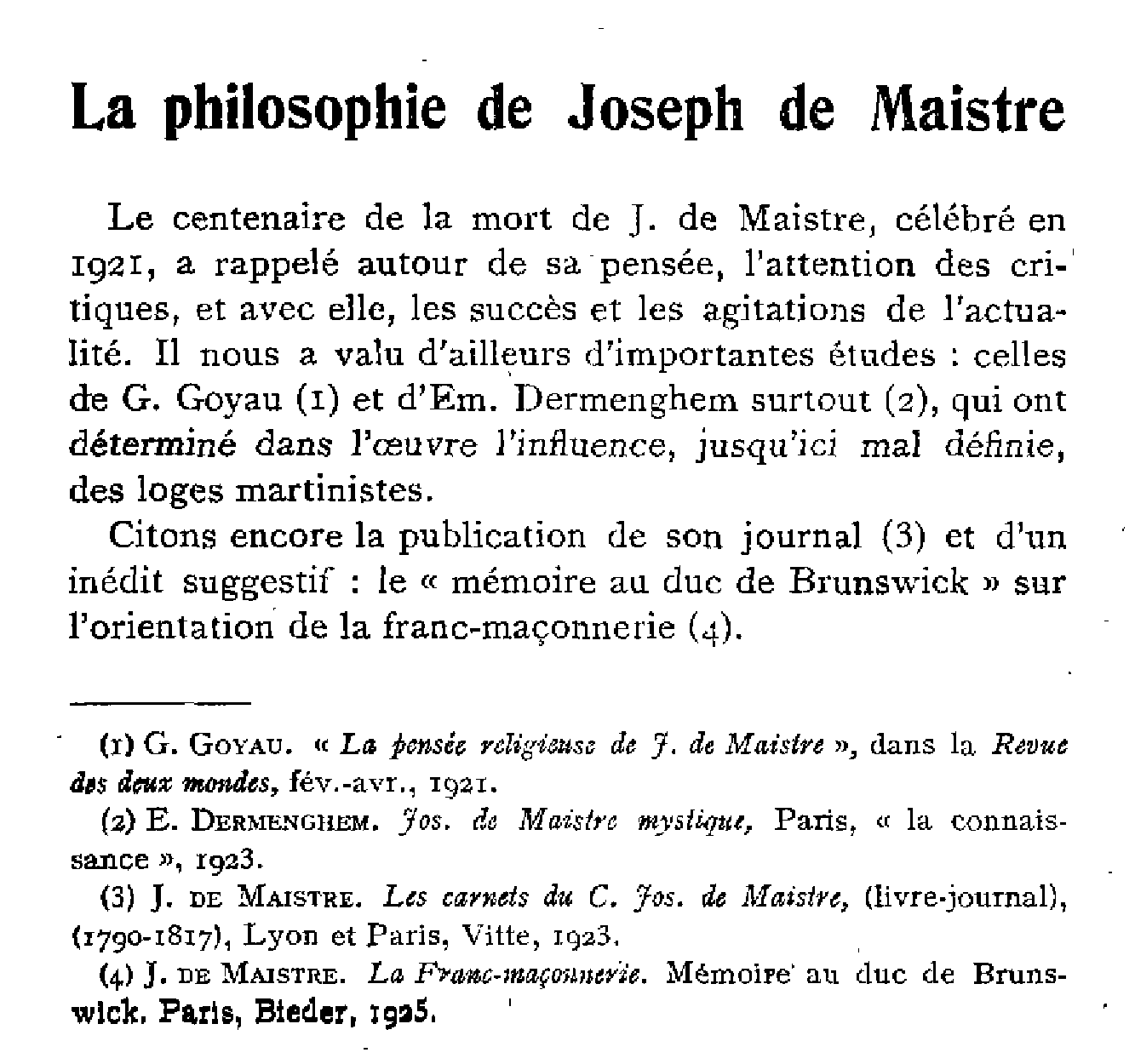 La philosophie de Joseph de Maistre