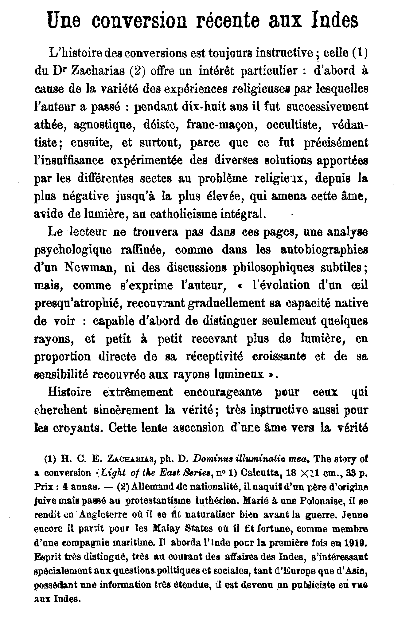 Une conversion récente aux Indes