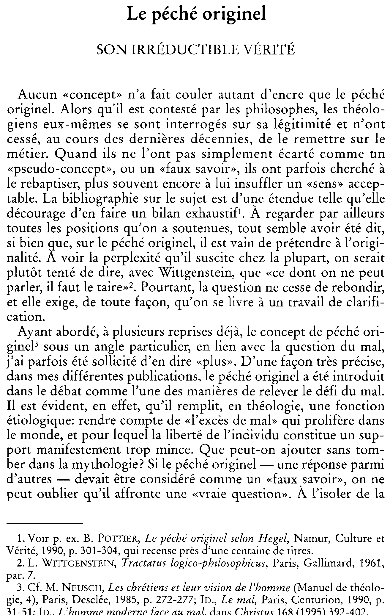 Le péché originel. Son irréductible vérité