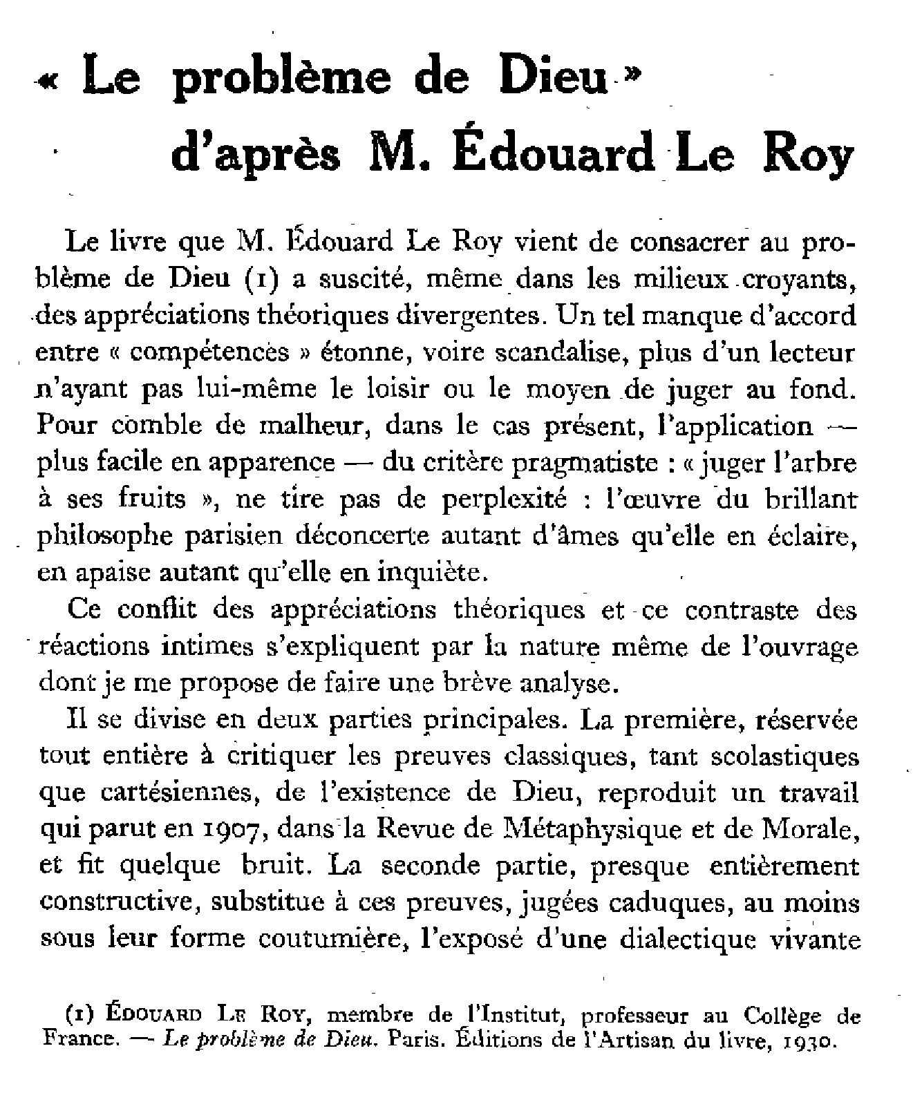 Le problème de Dieu d'après M. Edouard Le Roy (1)