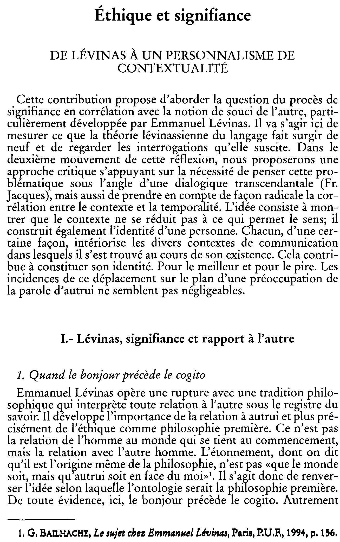 Éthique et signifiance. De Lévinas à  un personnalisme de contextualité