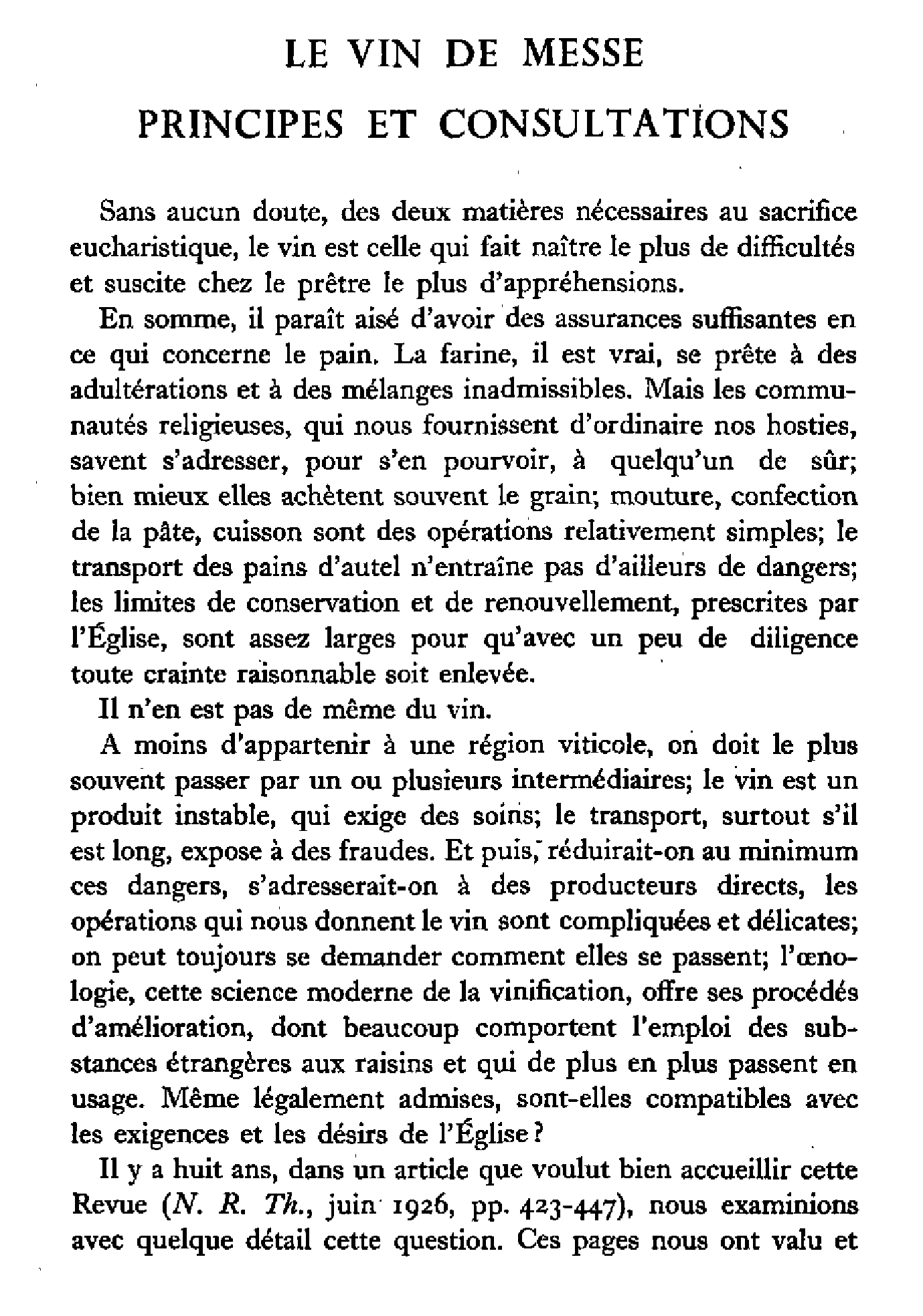 Le vin de messe. Principes et consultations