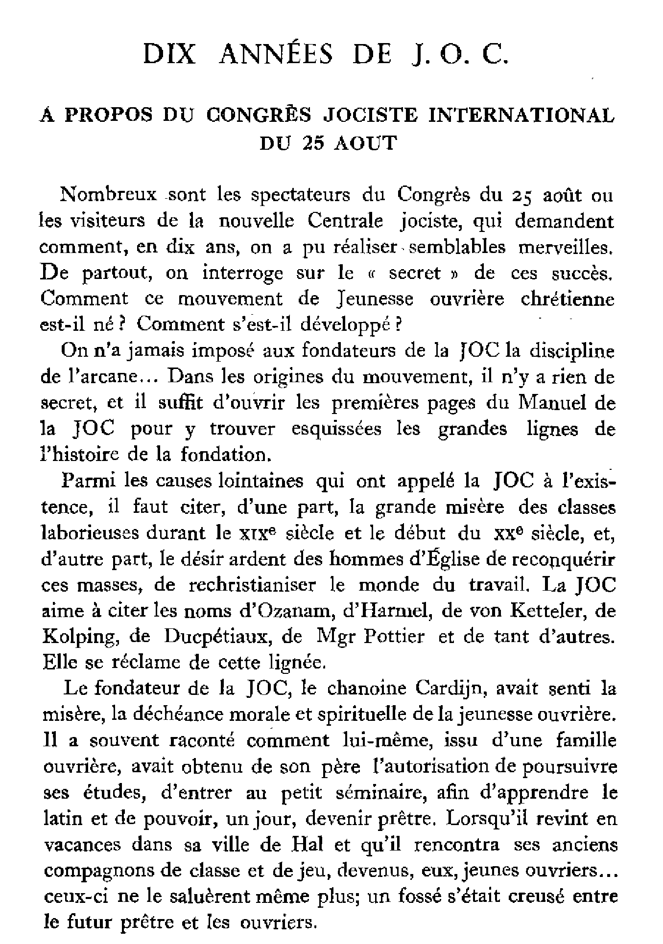 Dix années de J.O.C.