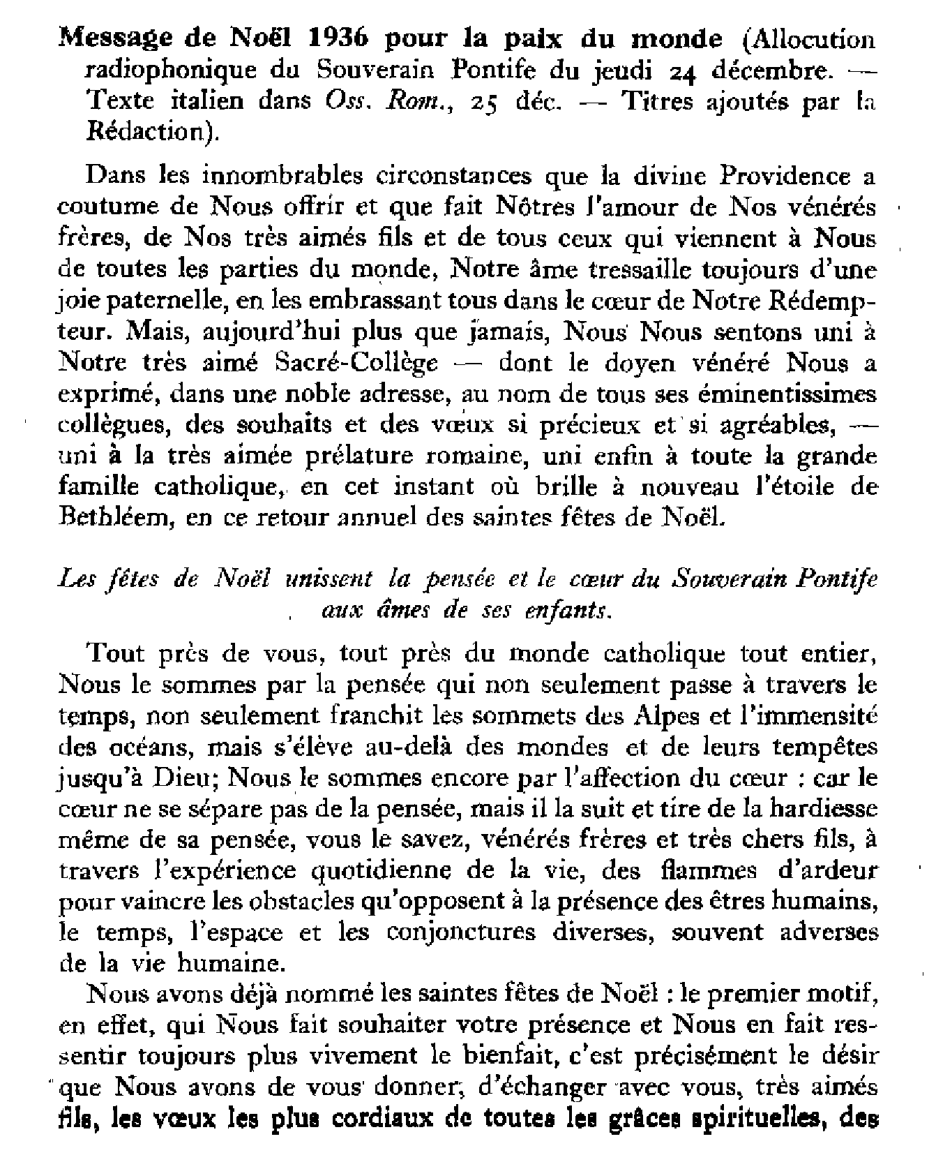 Actes du Souverain Pontife. Message de Noël 1936 pour la paix du monde