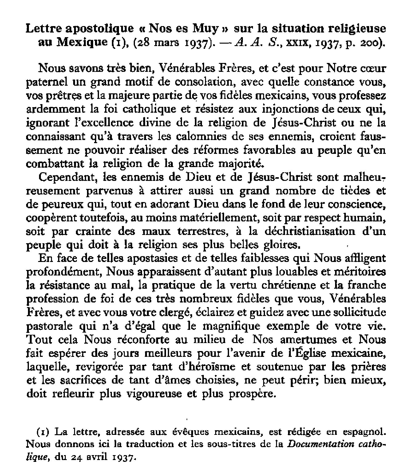 Actes du Souverain Pontife. Lettre apostolique « Nos es Muy » sur la situation religieuse au Mexique (i), (28 mars 1937)