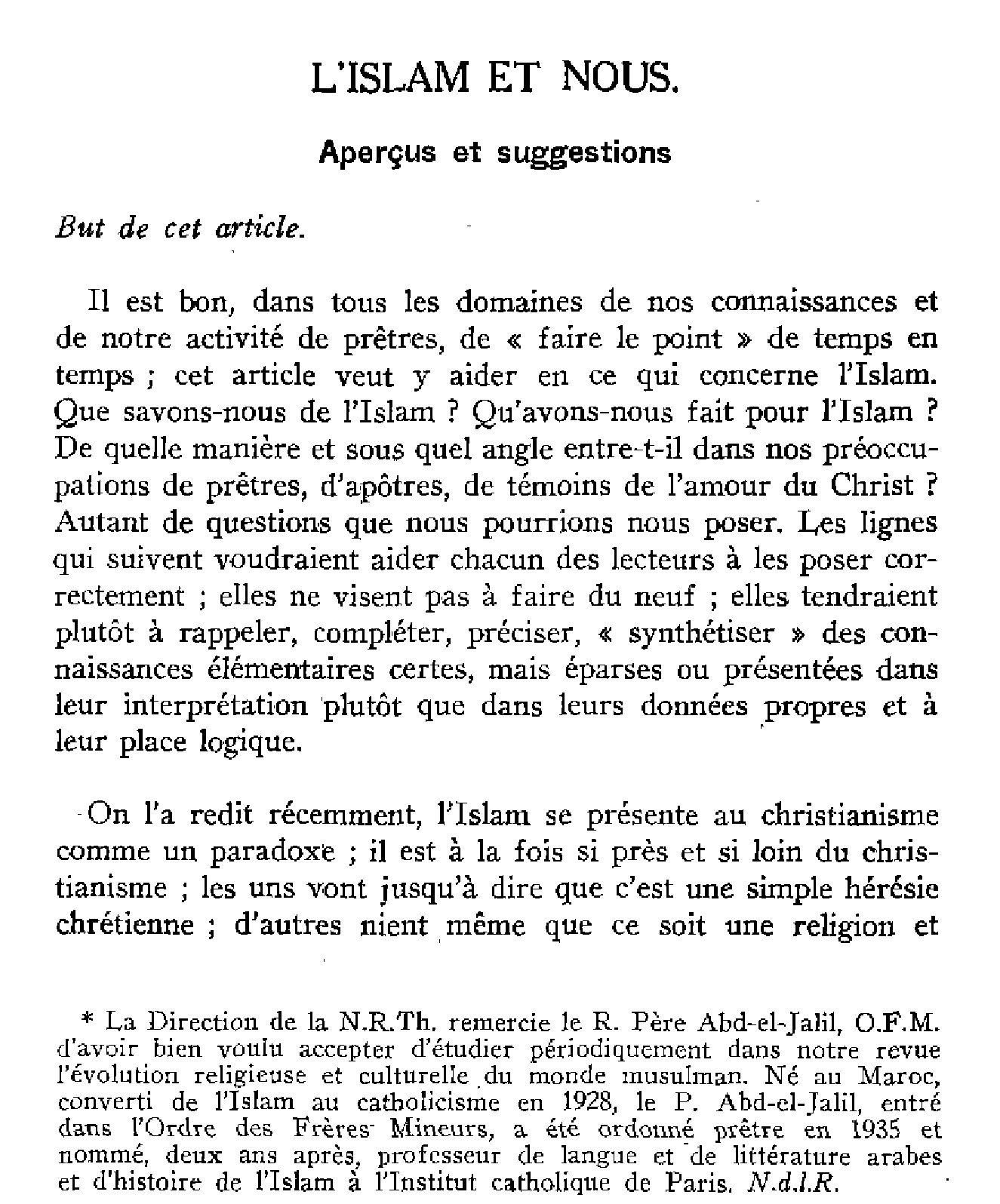 L'Islam et nous. Aperçus et suggestions