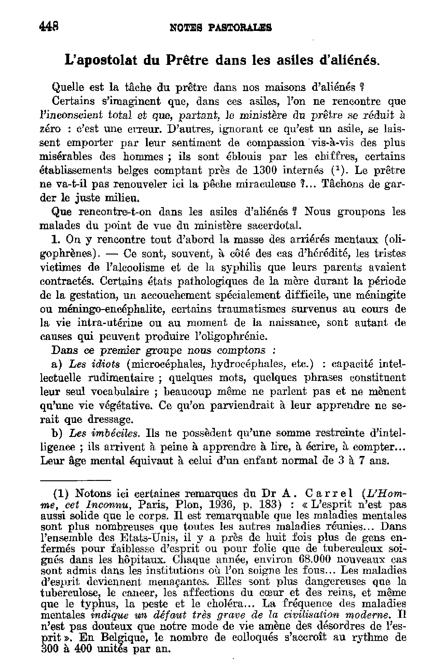 L'apostolat du prêtre dans les asiles d'aliénés