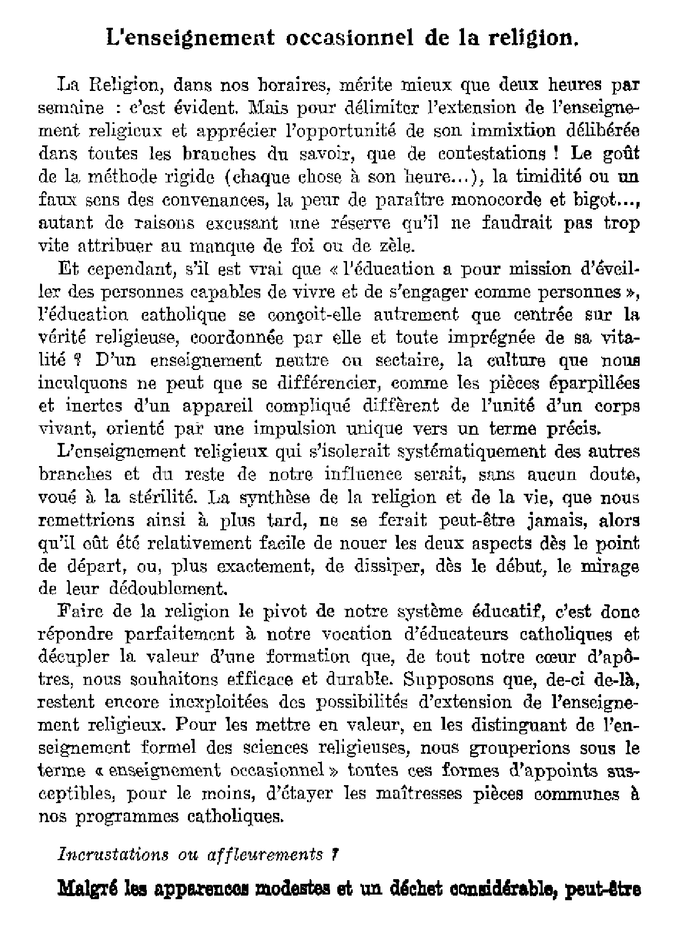 L'enseignement occasionnel de la religion