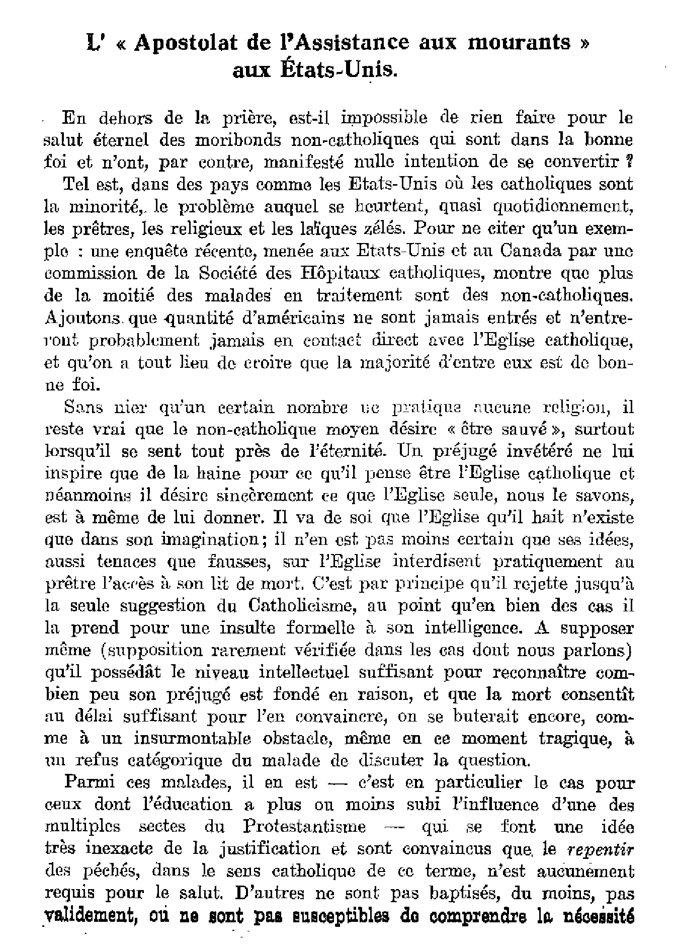 L'apostolat de l'Assistance aux mourants aux Etats-Unis