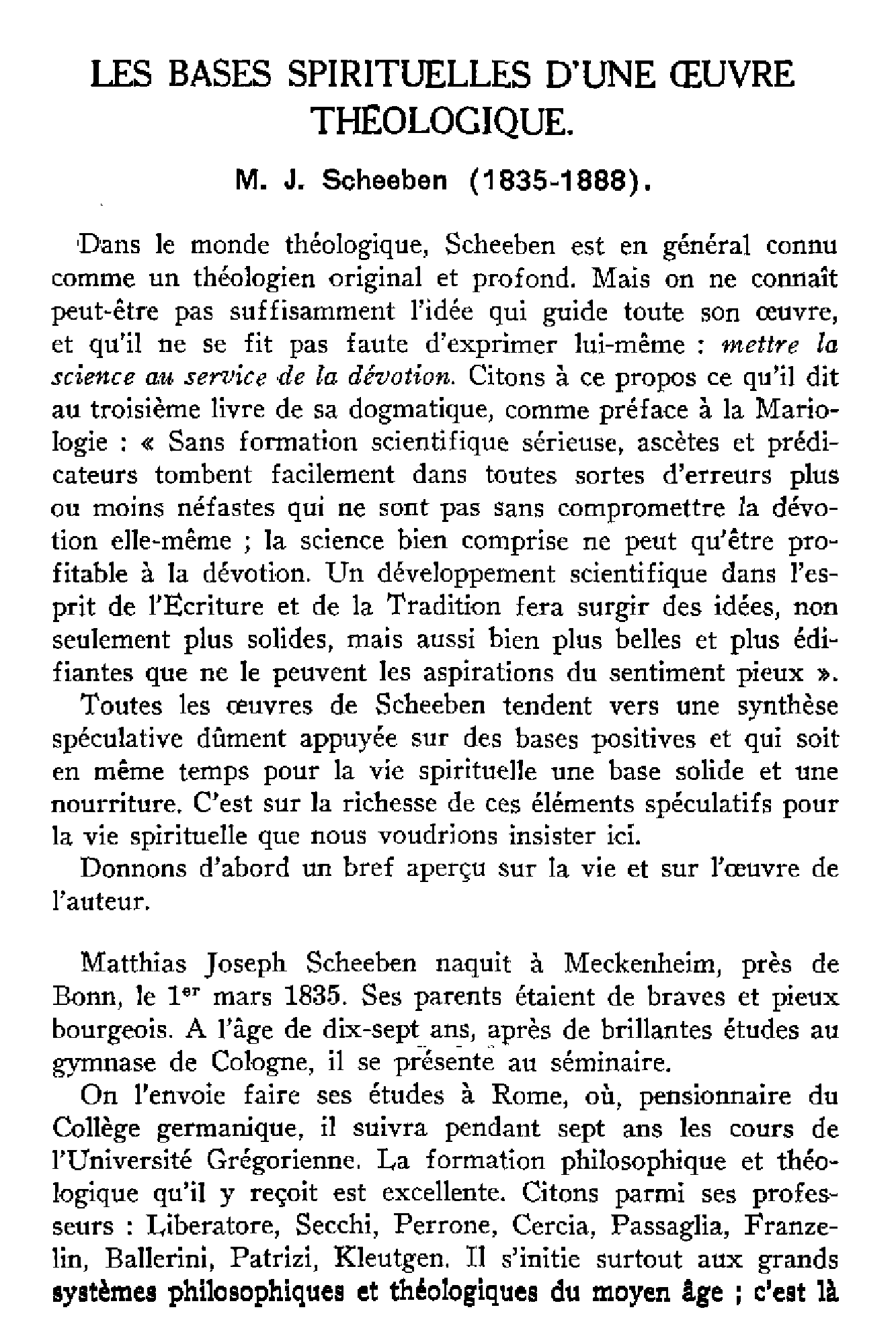 Les bases spirituelles d'une oeuvre théologique. M.J. SCHEEBEN (1835-1888) (I).