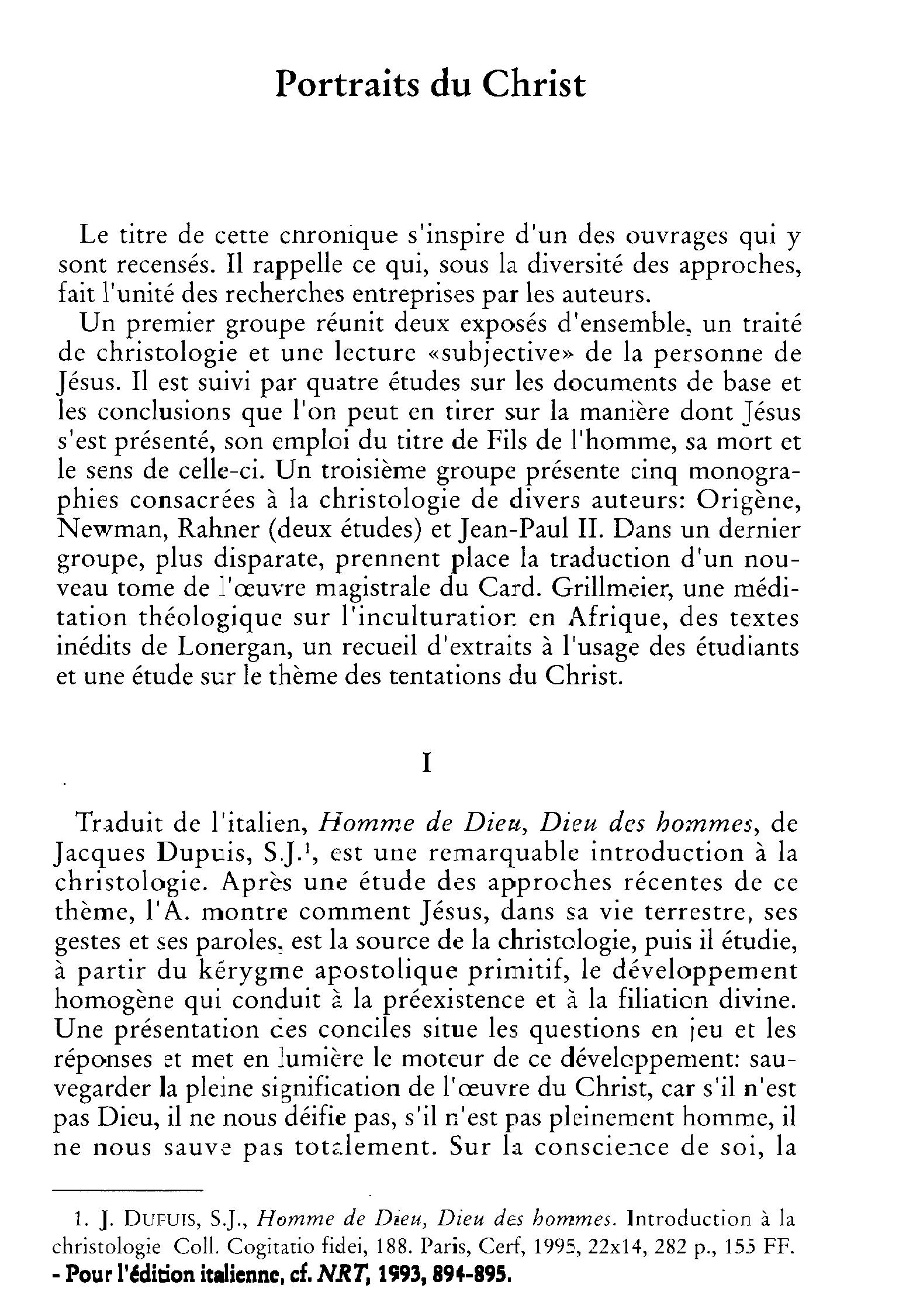 Portraits du Christ. Chronique de christologie