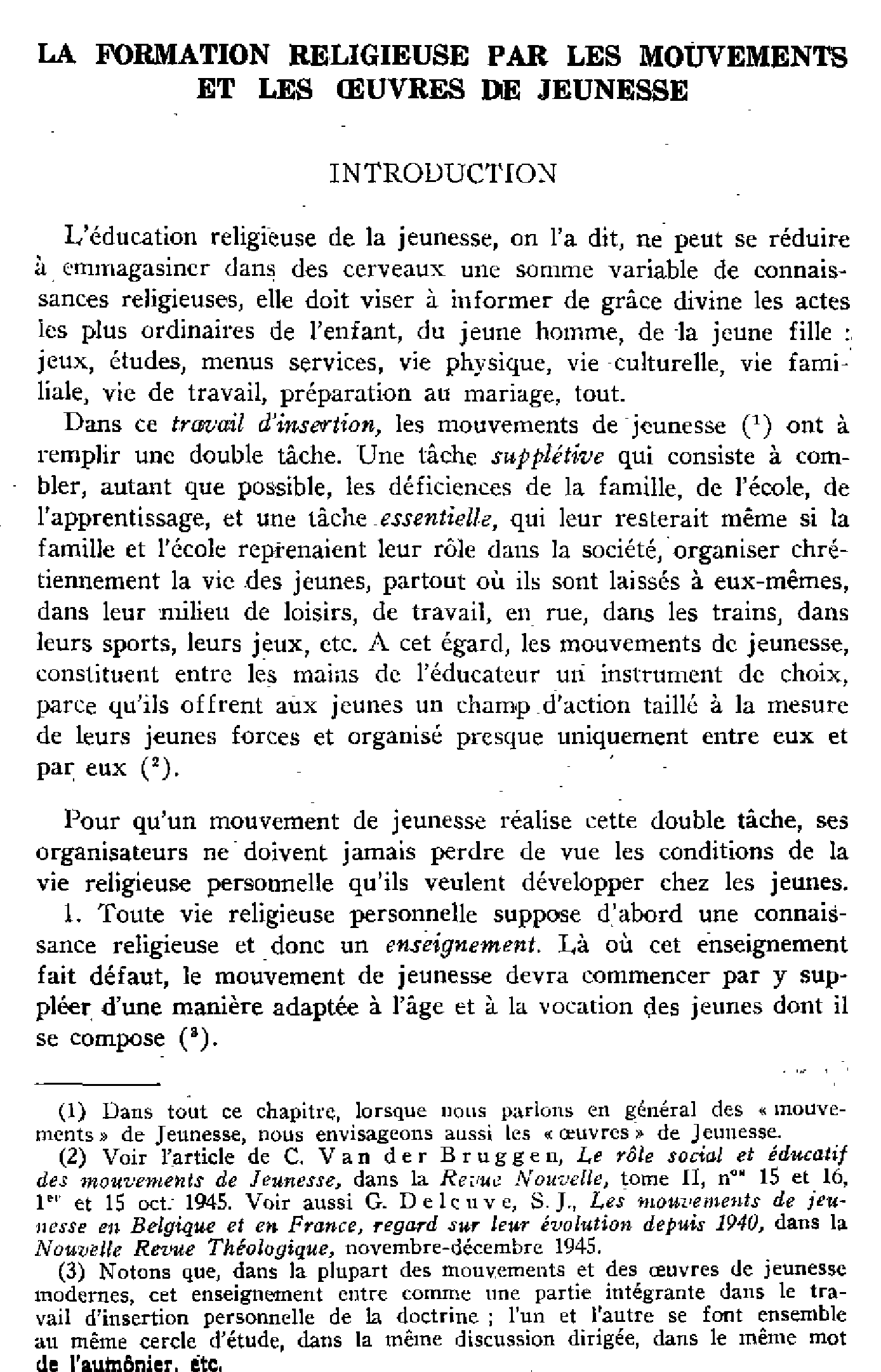 La formation religieuse par les mouvements et les oeuvres de jeunesse