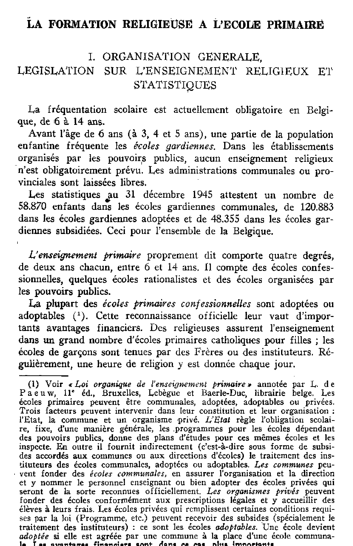 La formation religieuse à l'école primaire.