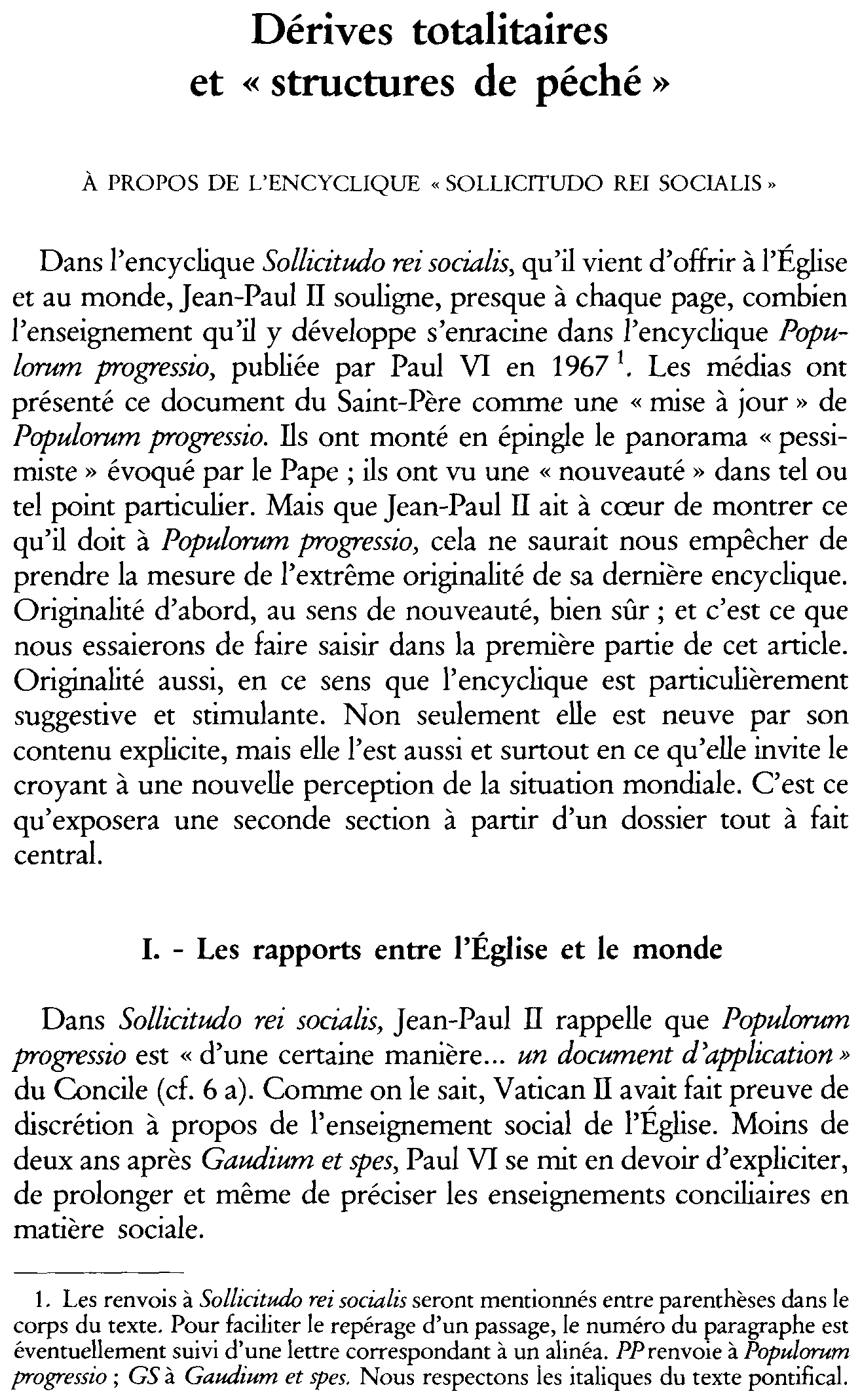 Dérives totalitaires et «structures de péché». À propos de l'Encyclique Sollicitudo rei socialis