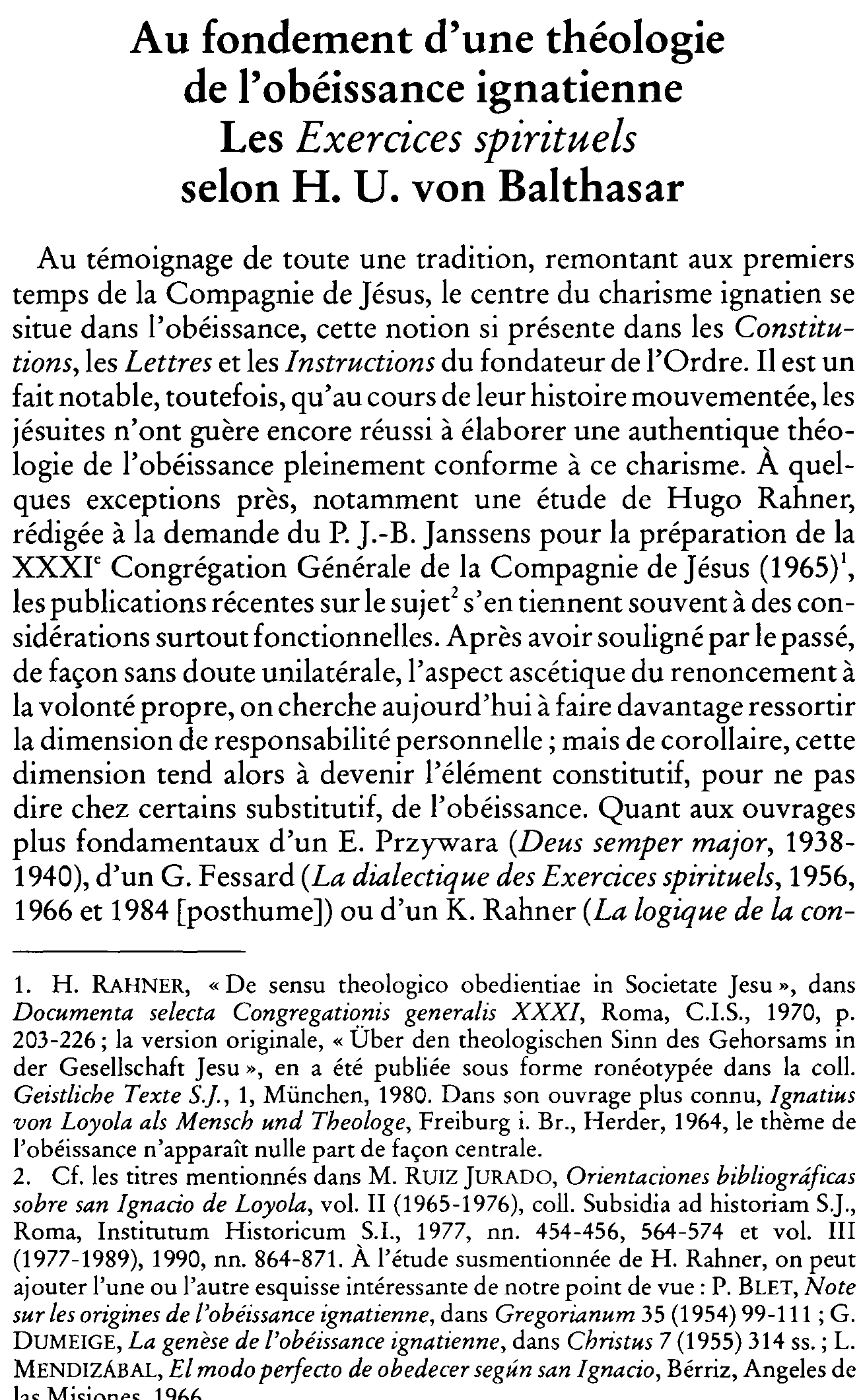 Au fondement d'une théologie de l'obéissance ignatienne. Les Exercices spirituels selon H.U. von Balthasar