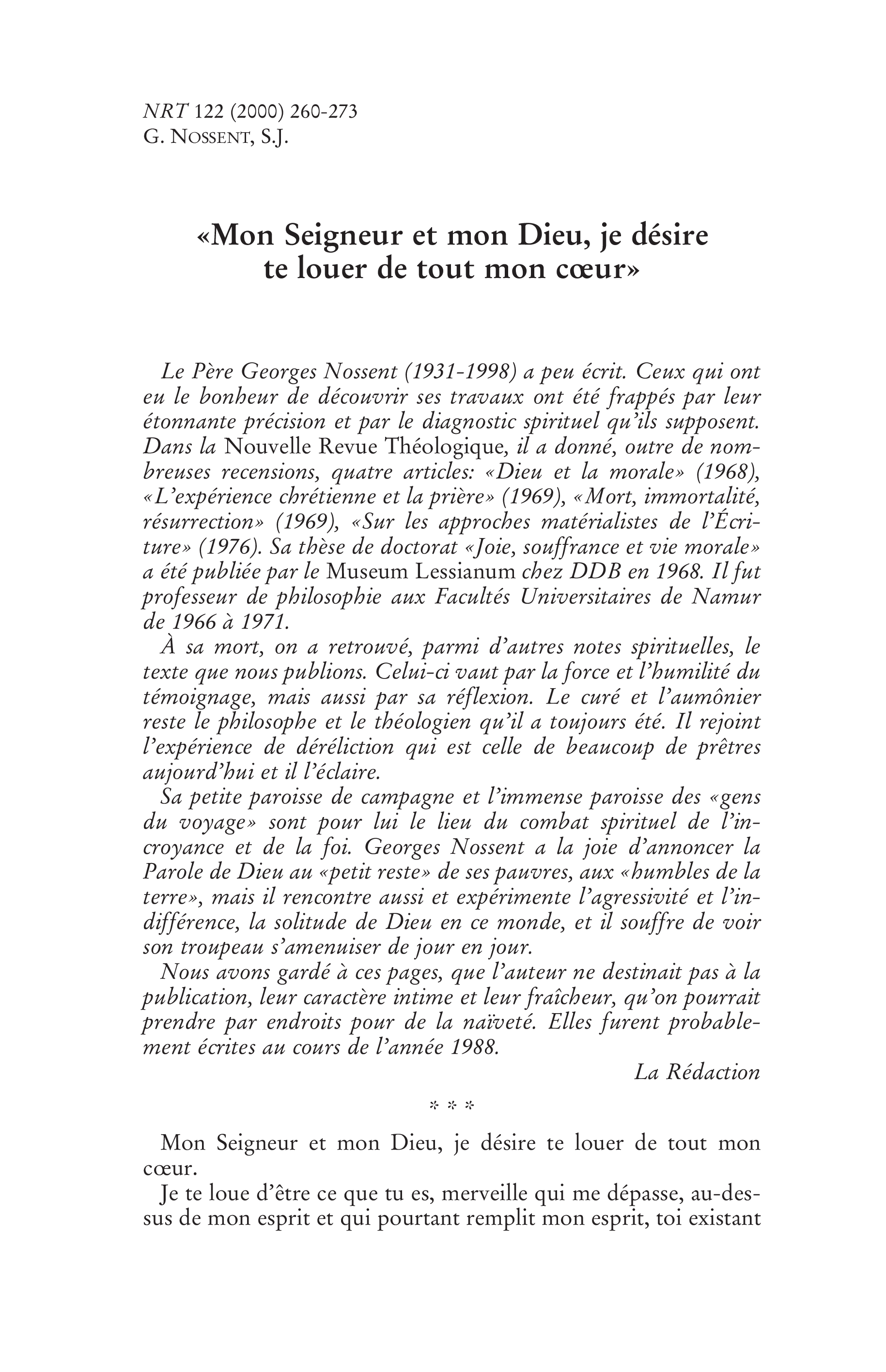 « Mon Seigneur et mon Dieu, je désire te louer de tout mon coeur »