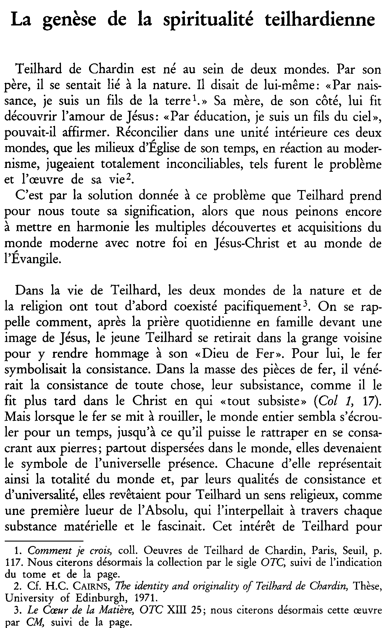 La genèse de la spiritualité teilhardienne