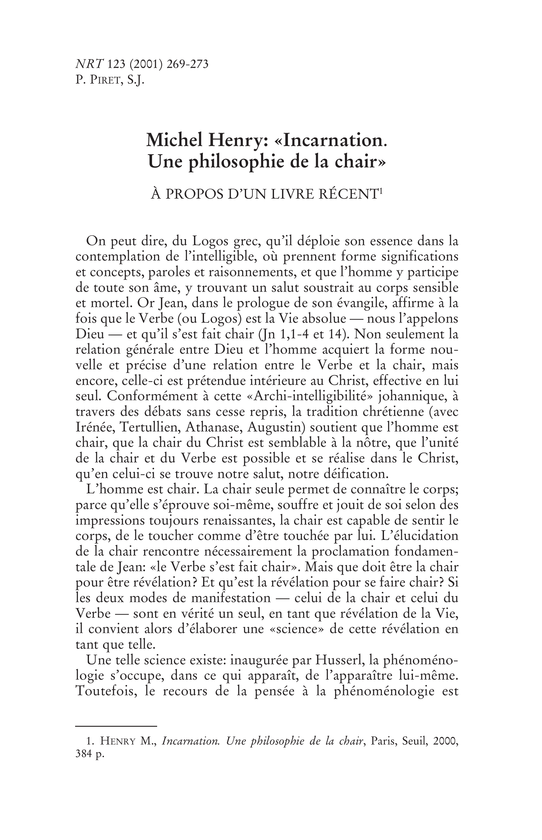 M. Henry: « Incarnation. Une philosophie de la chair »