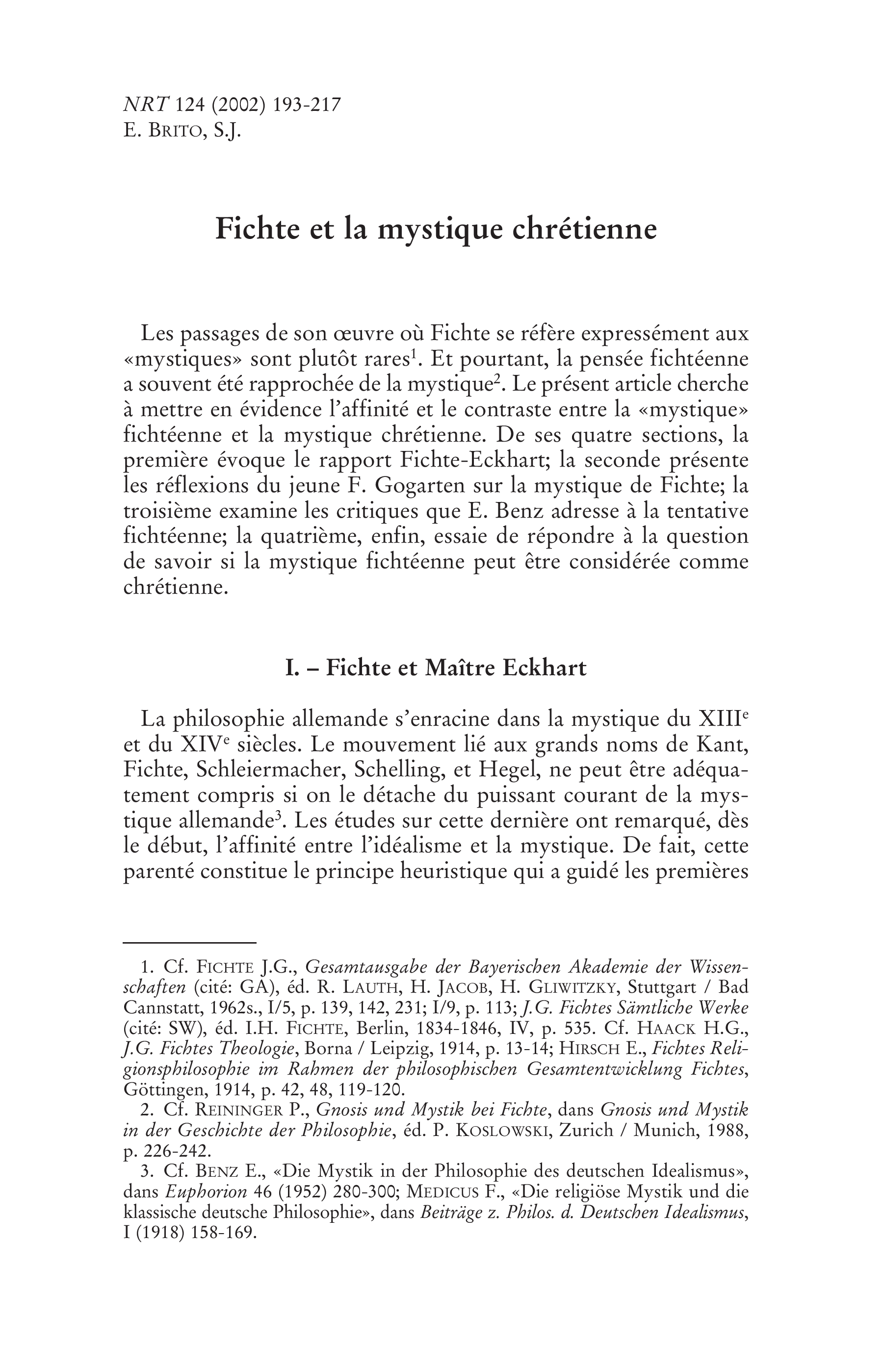 Fichte et la mystique chrétienne